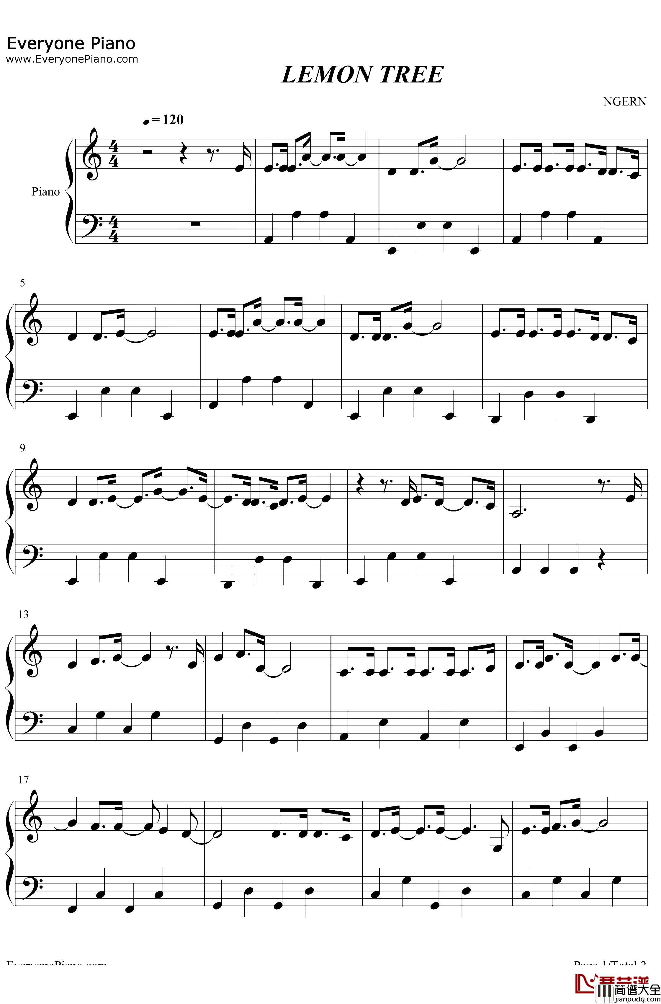 Lemon_Tree钢琴谱_Fool's_Garden_C调简单版