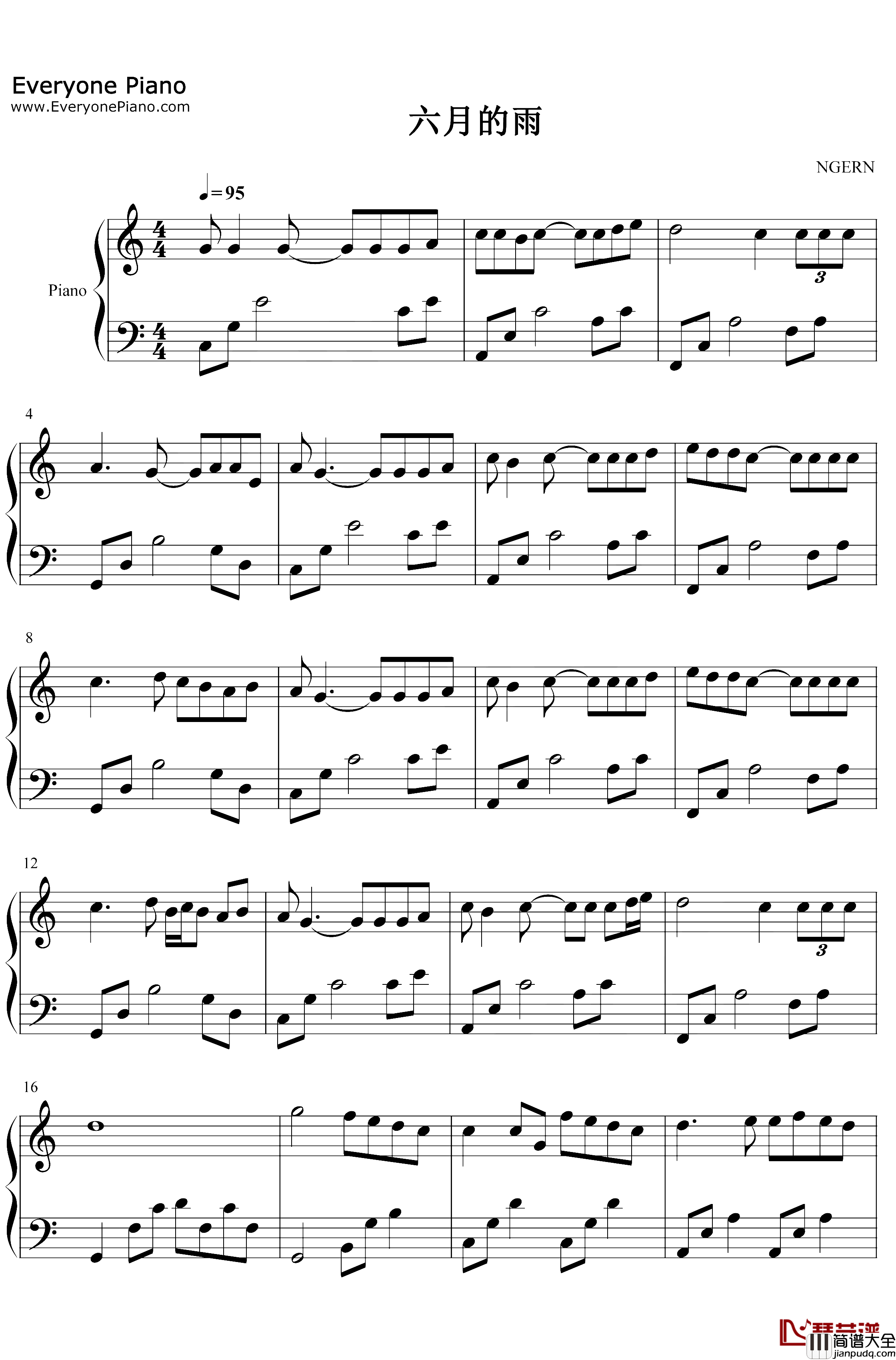 六月的雨钢琴谱_胡歌_C调简单版