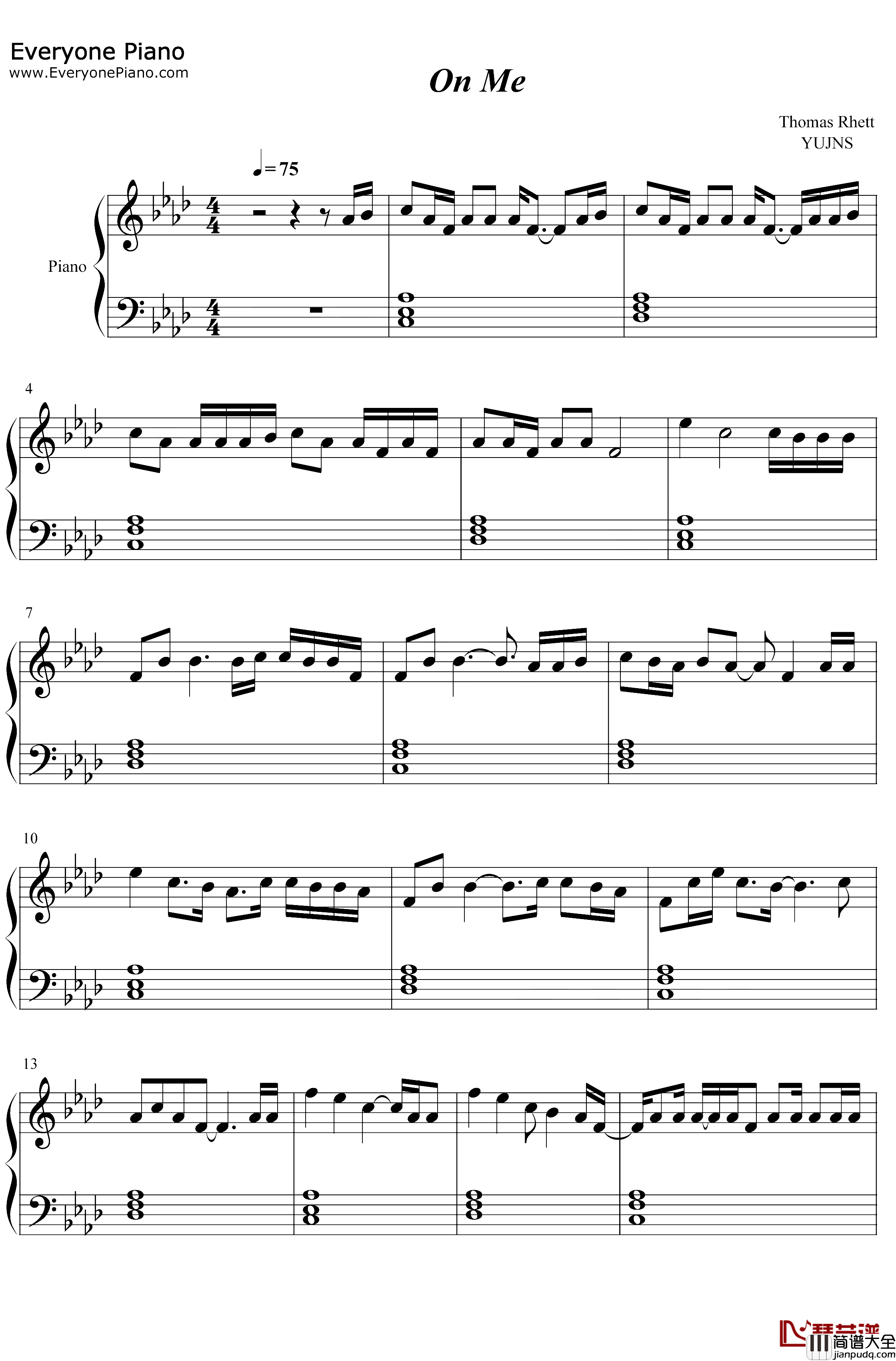 On_Me钢琴谱_Thomas_Rhett_Kane_Brown_Ava_Max_史努比狗OST