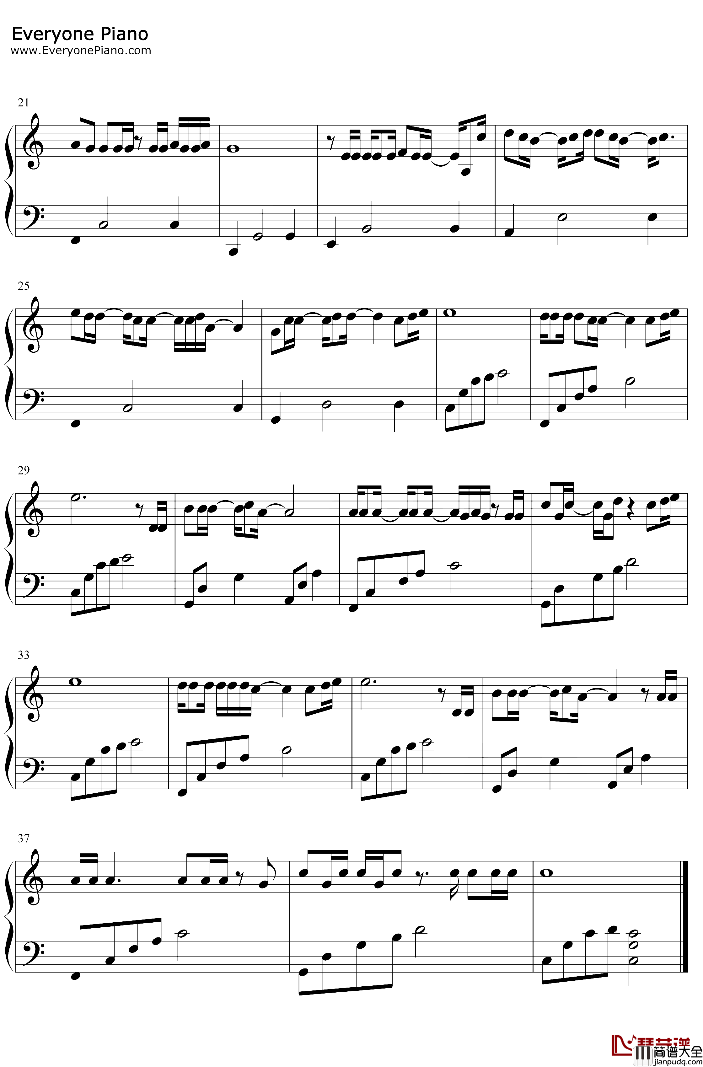 山丘钢琴谱_李宗盛_C调简单版