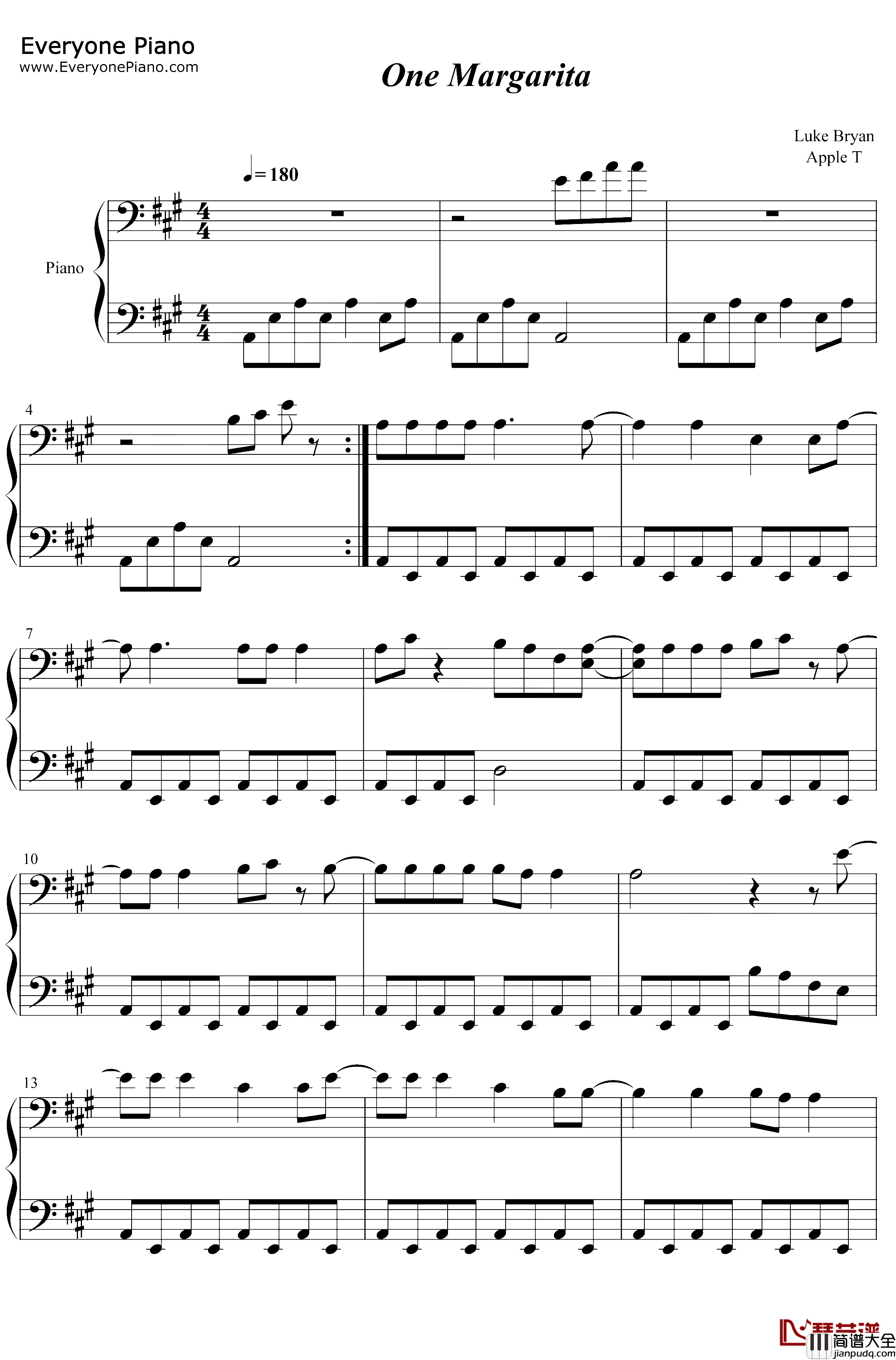 One_Margarita钢琴谱_LukeBryan_LukeBryan