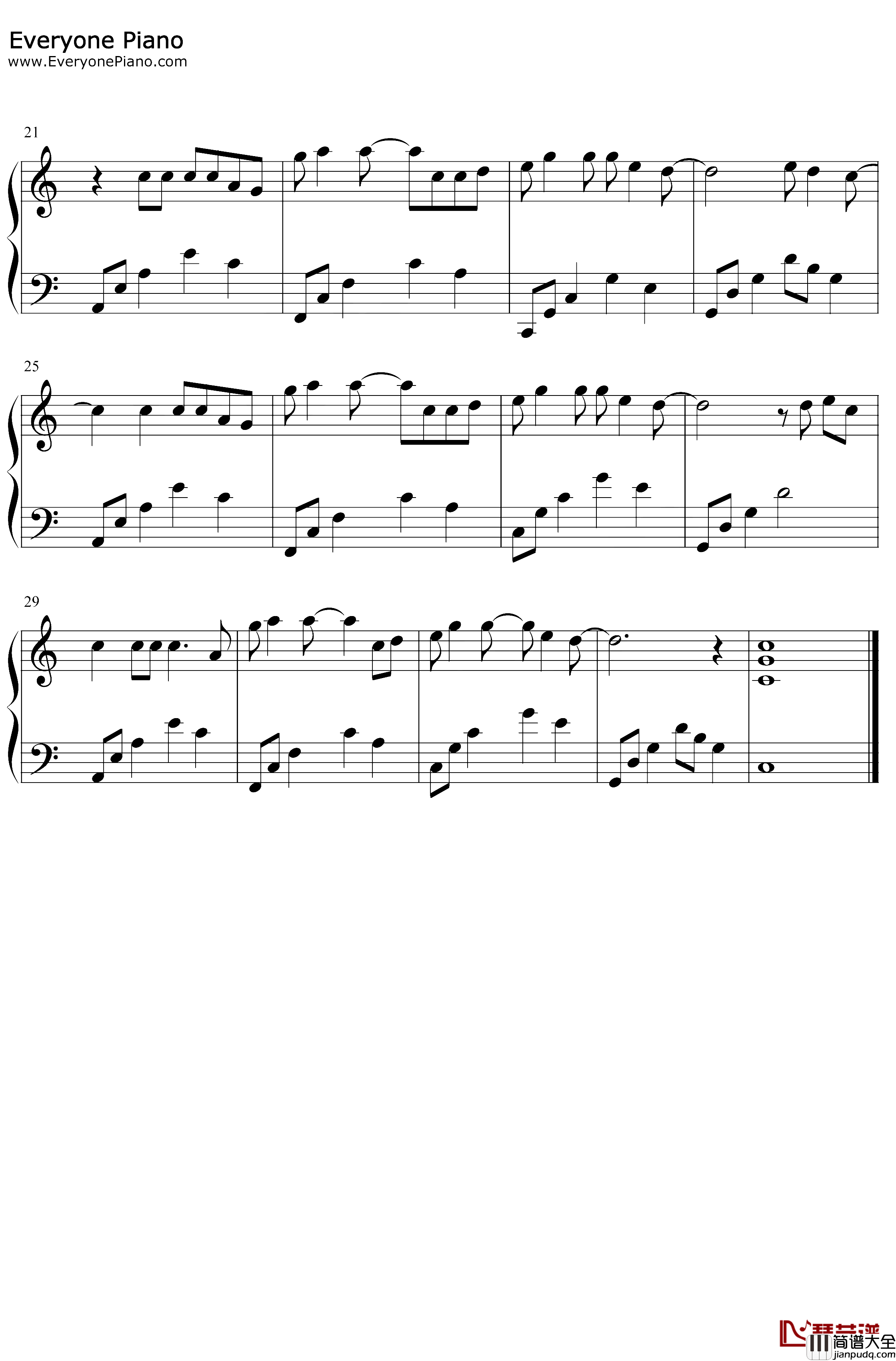 夜空中最亮的星钢琴谱_逃跑计划_C调简单版