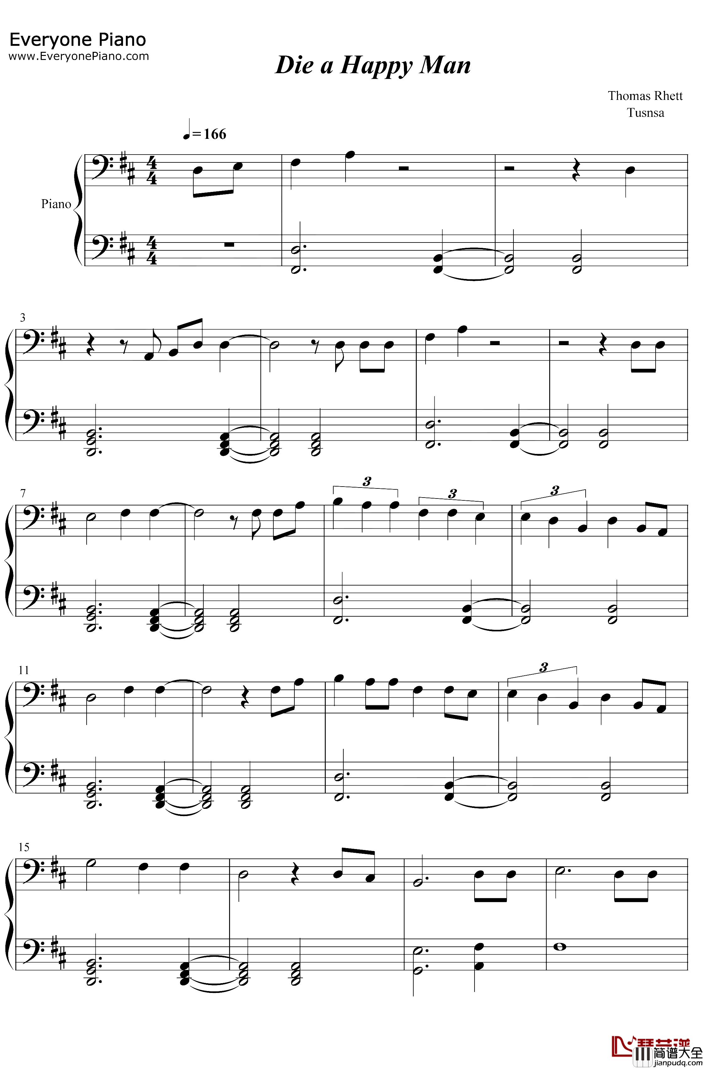 Die_a_Happy_Man钢琴谱_ThomasRhett_2016年Billboard最佳乡村歌曲