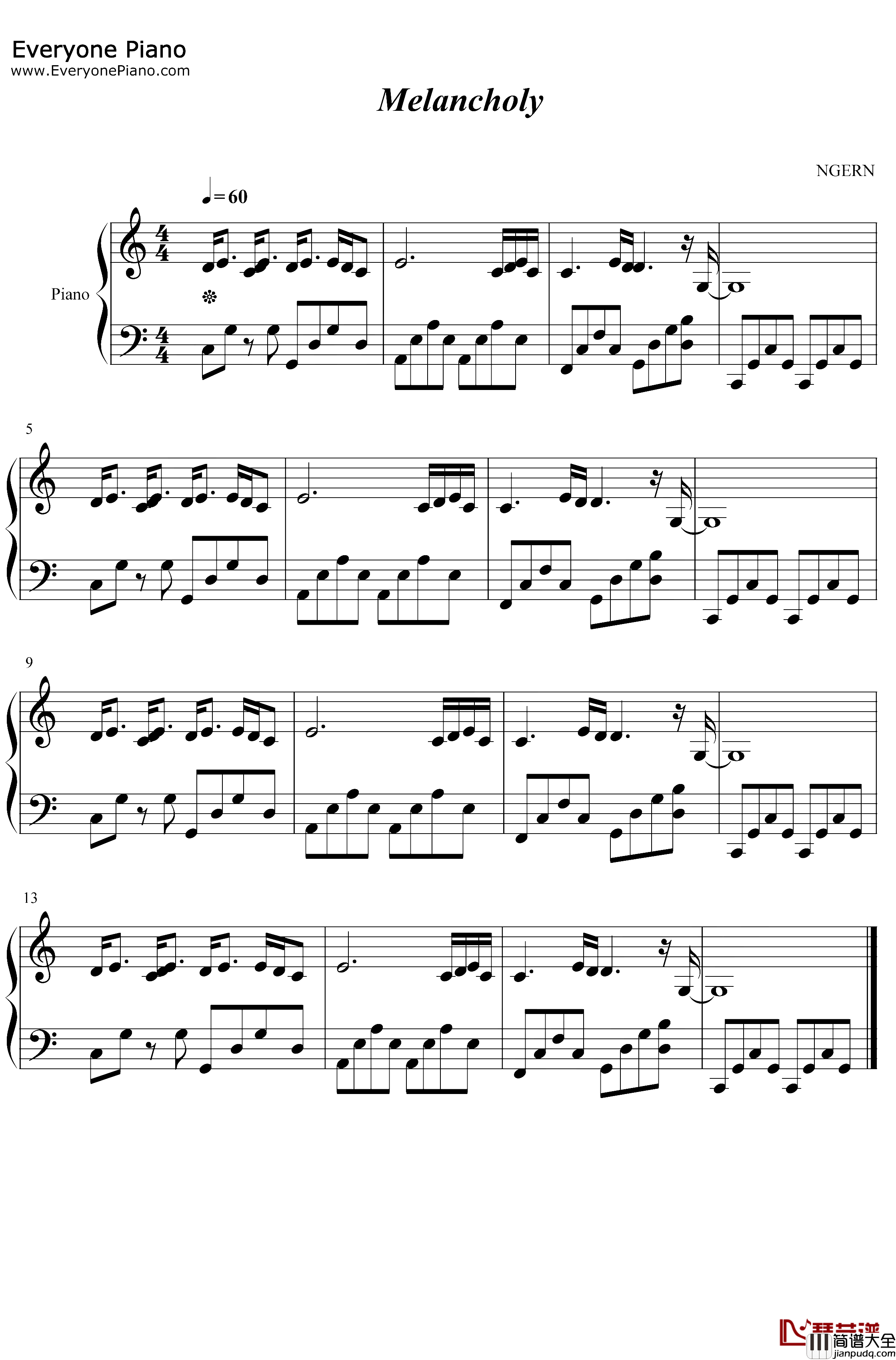 Melan_choly钢琴谱_White_Cherry_C调简单版_抖音BGM