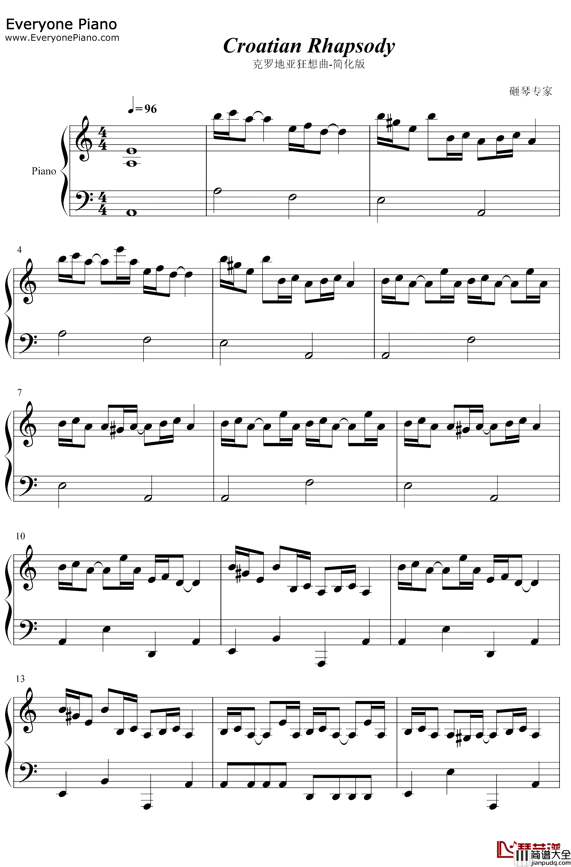克罗地亚狂想曲钢琴谱_马克西姆·姆尔维察_C调简化版