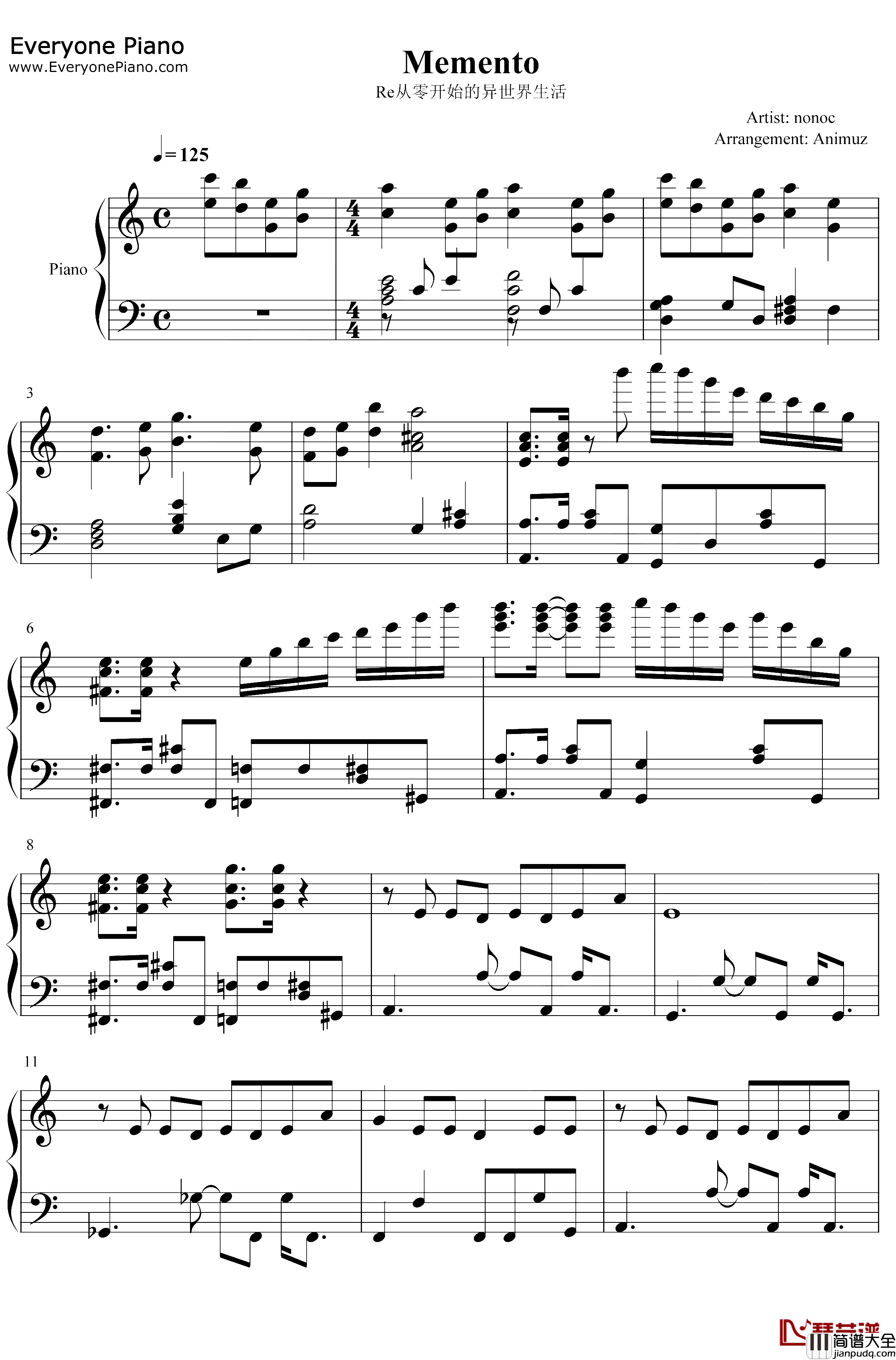Memento钢琴谱_Nonoc_Re从零开始的异世界生活第二季ED