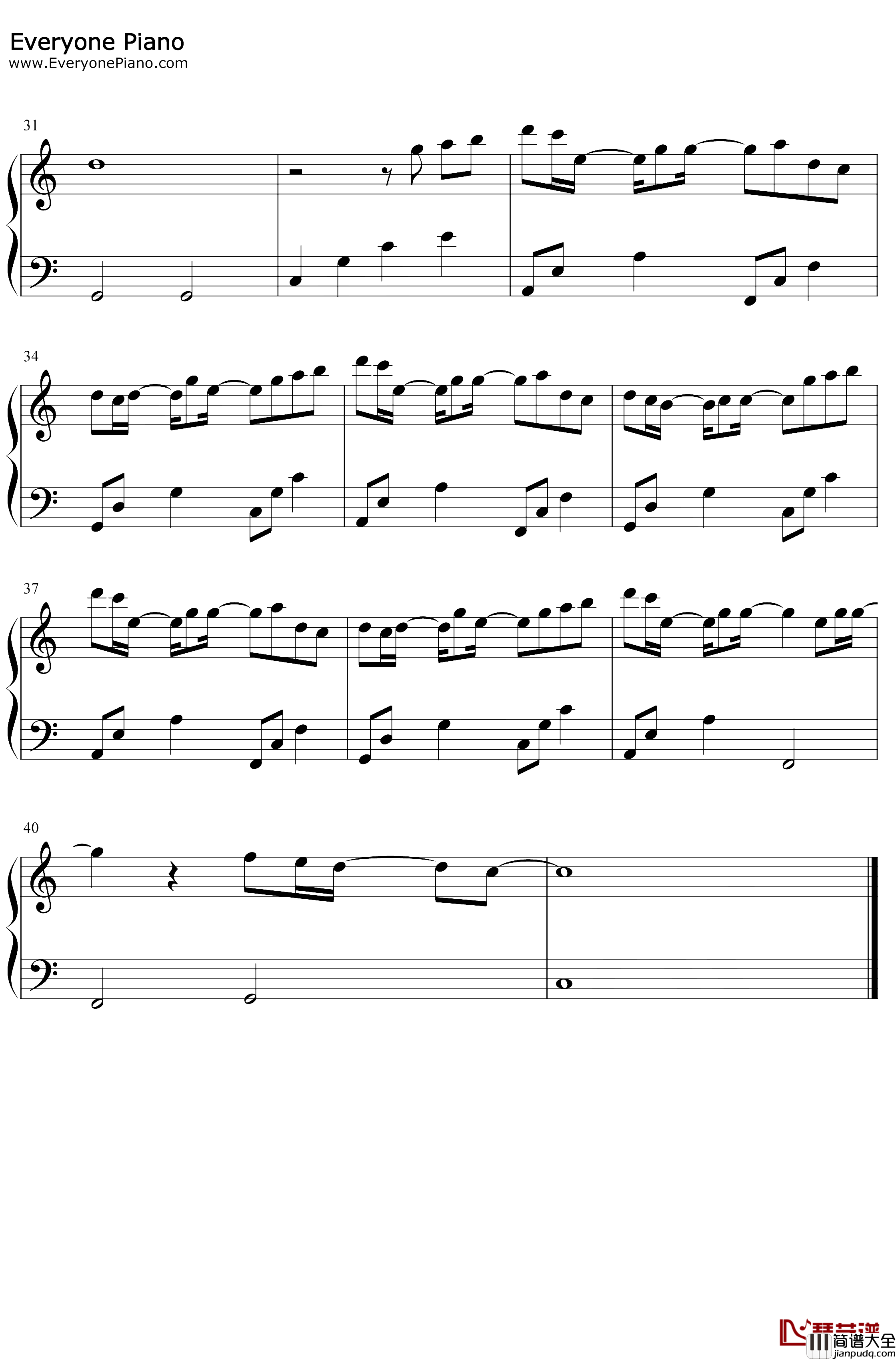 追光者钢琴谱_岑宁儿_C调简单版