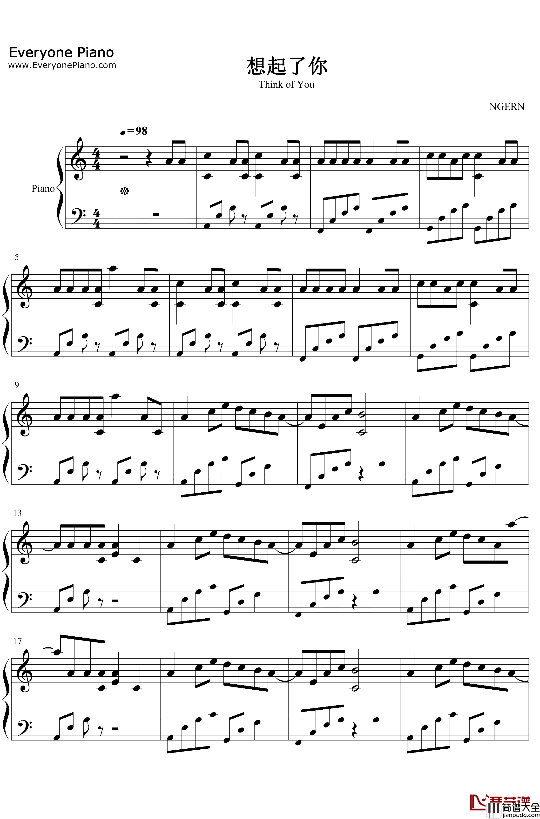 想起了你钢琴谱_程响_C调简单版_你是空你是空色即是空的空空_抖音热歌