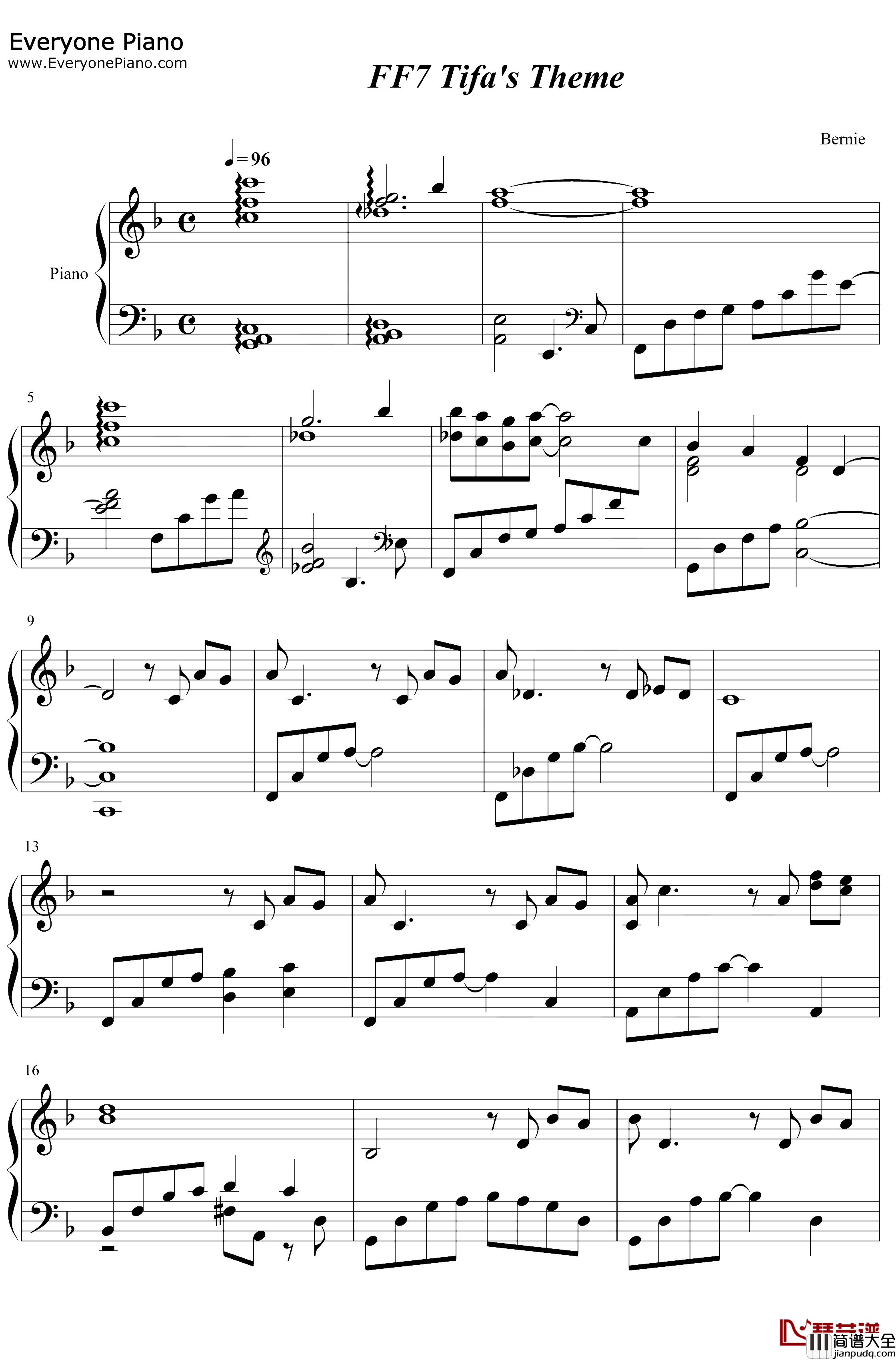最终幻想VIITifa主题曲钢琴谱_植松伸夫_FF7TifasTheme