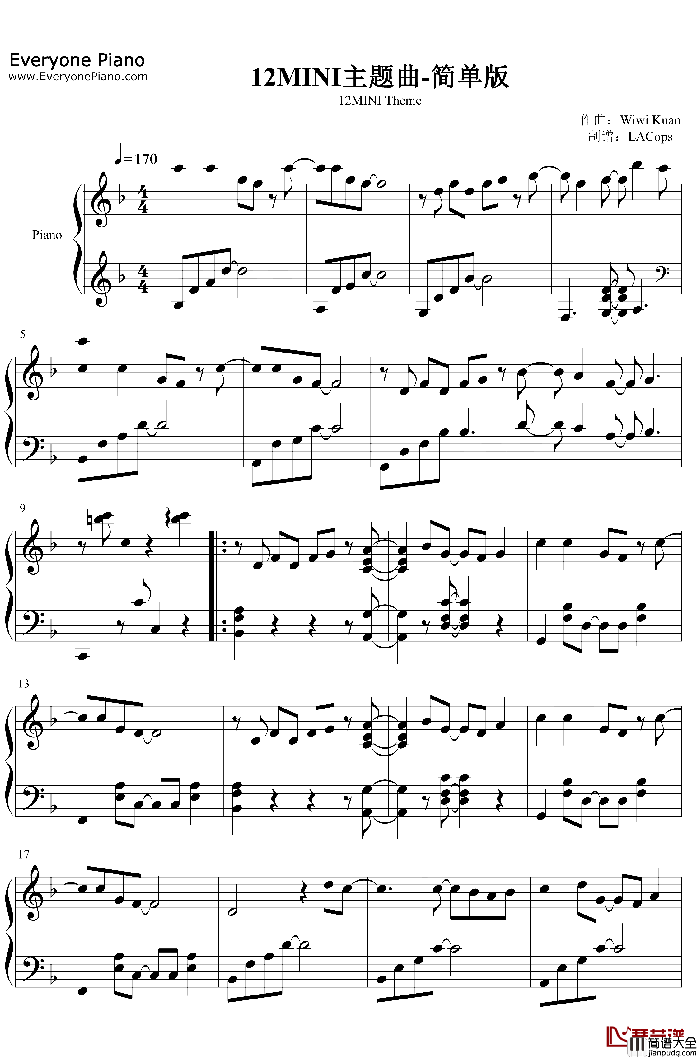 12MINI主题曲钢琴谱_WiwiKuan_简单版