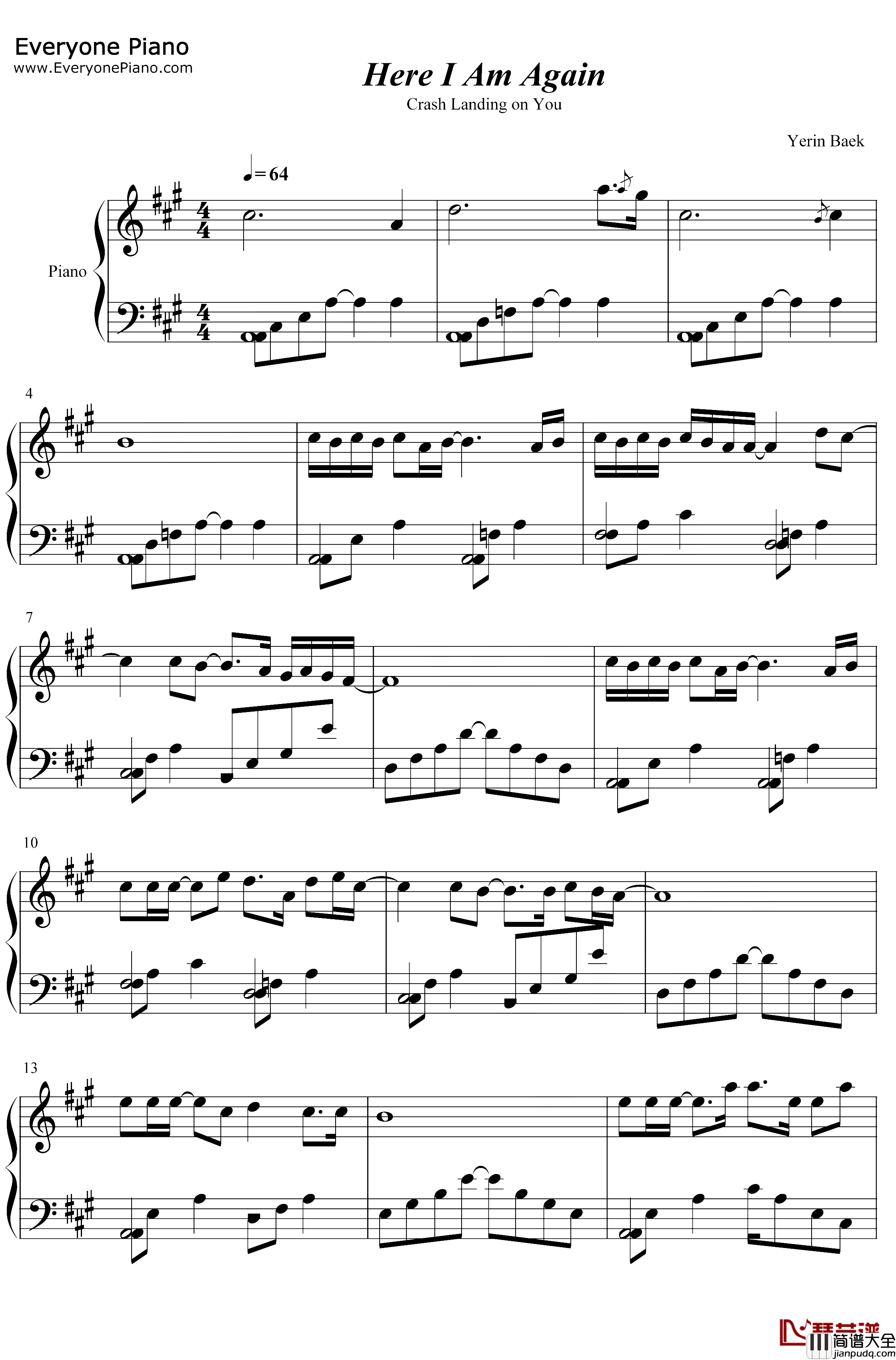 HereIAmAgain钢琴谱_白艺潾_爱的迫降OST