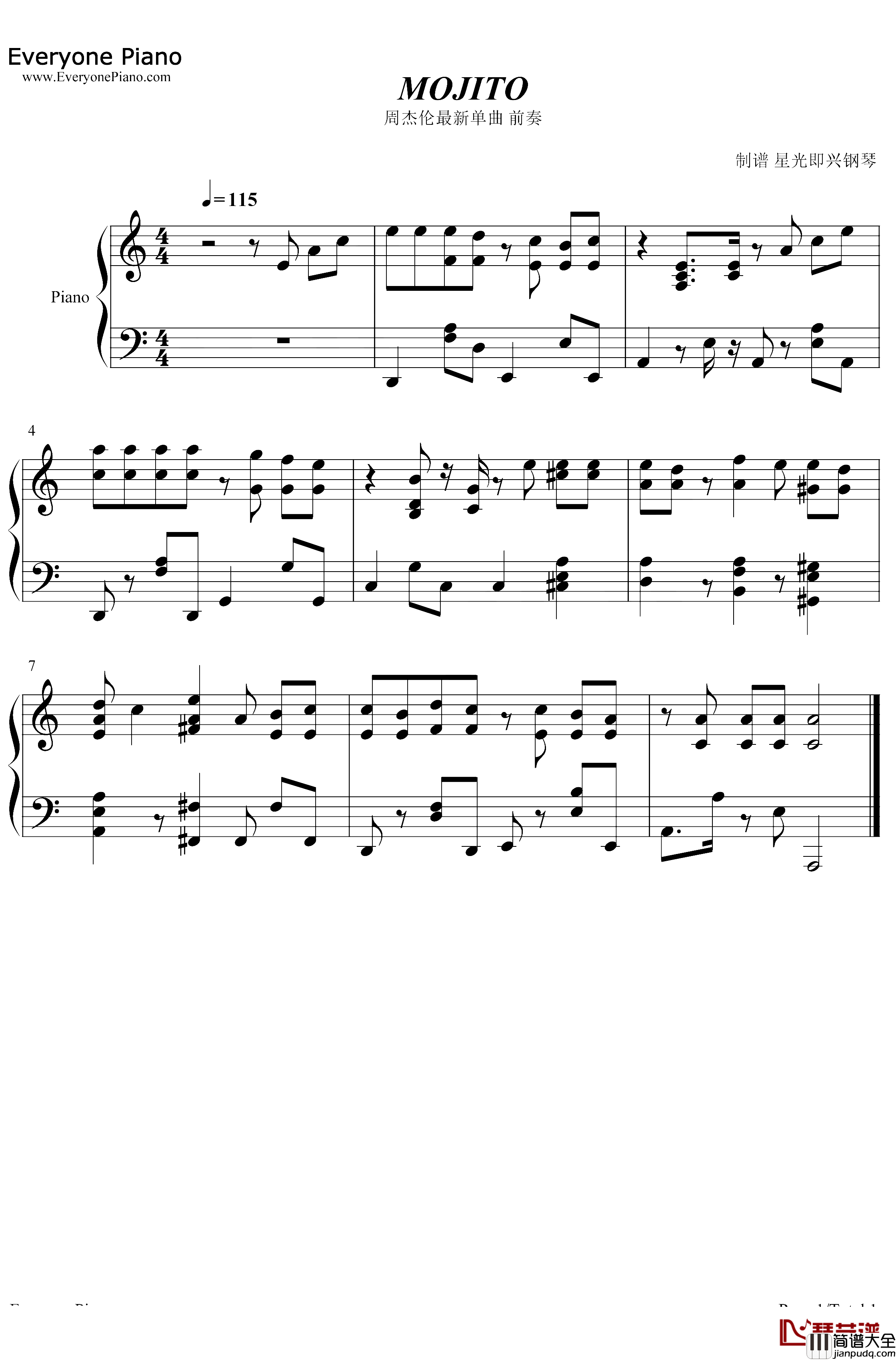 MOJITO钢琴谱_周杰伦_最新单曲前奏_以酒为名浓浓的古巴风