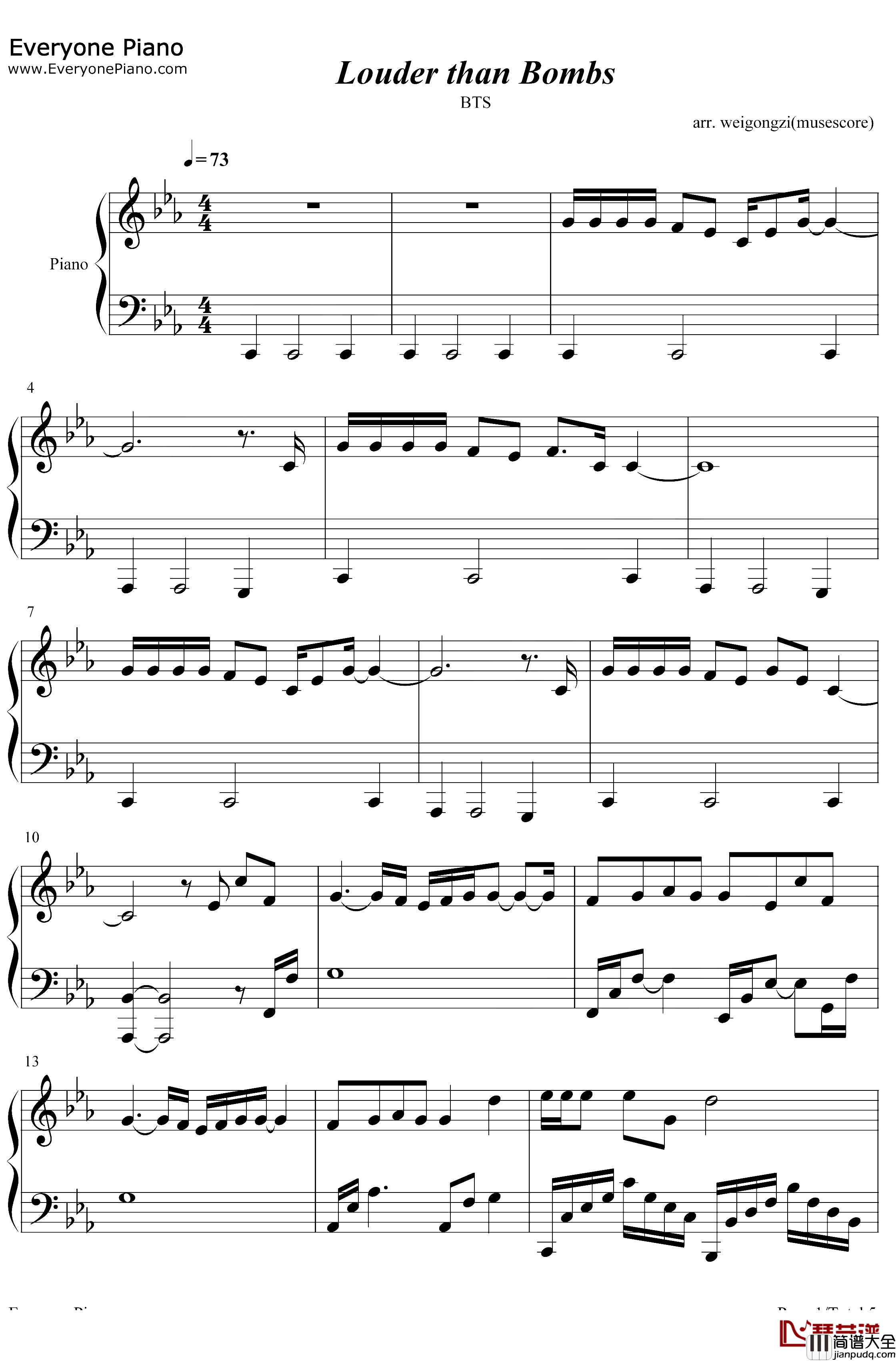 Louder_Than_Bombs钢琴谱_防弹少年团