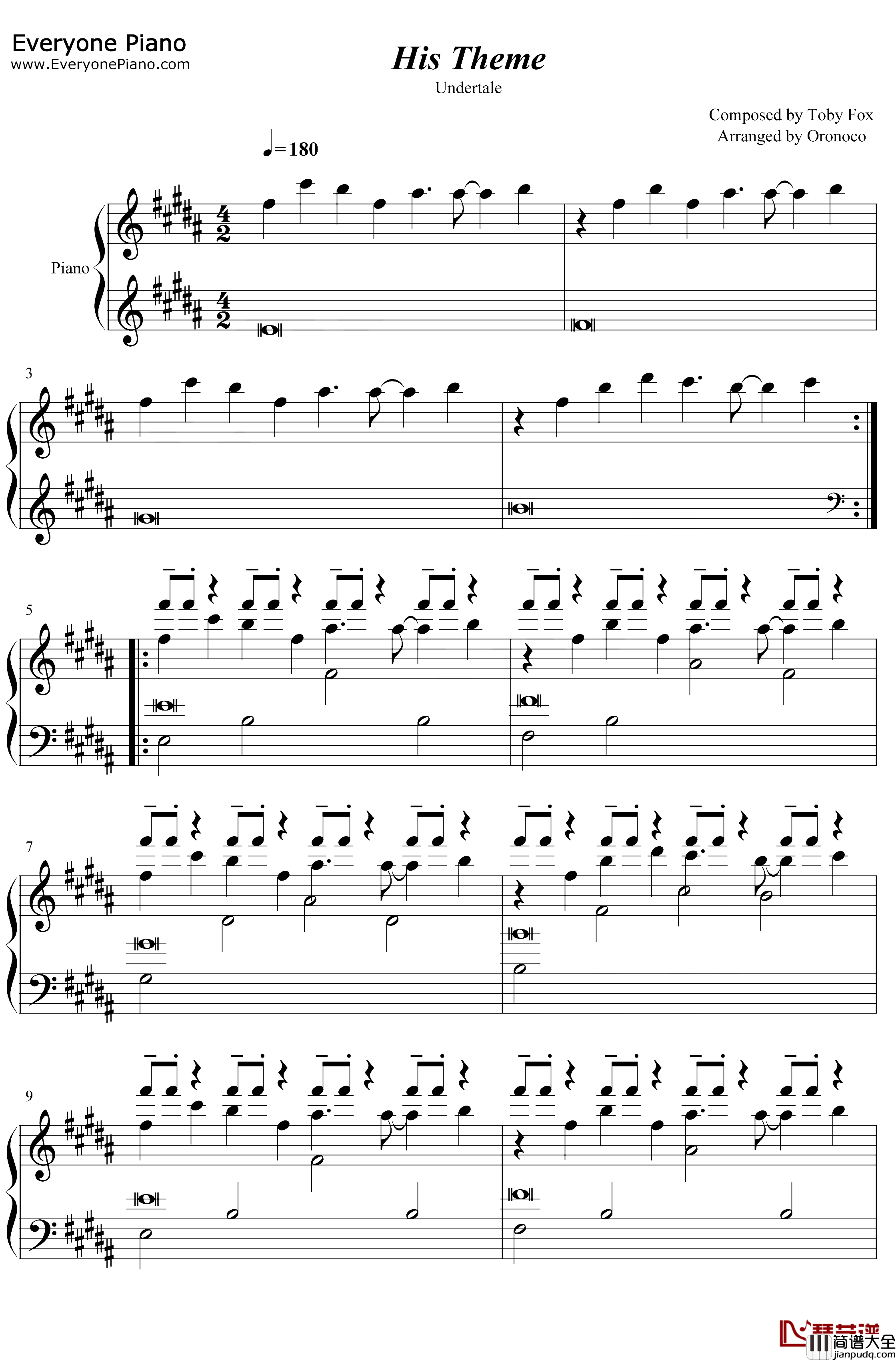 His_Theme钢琴谱_TobyFox_Undertale背景音乐