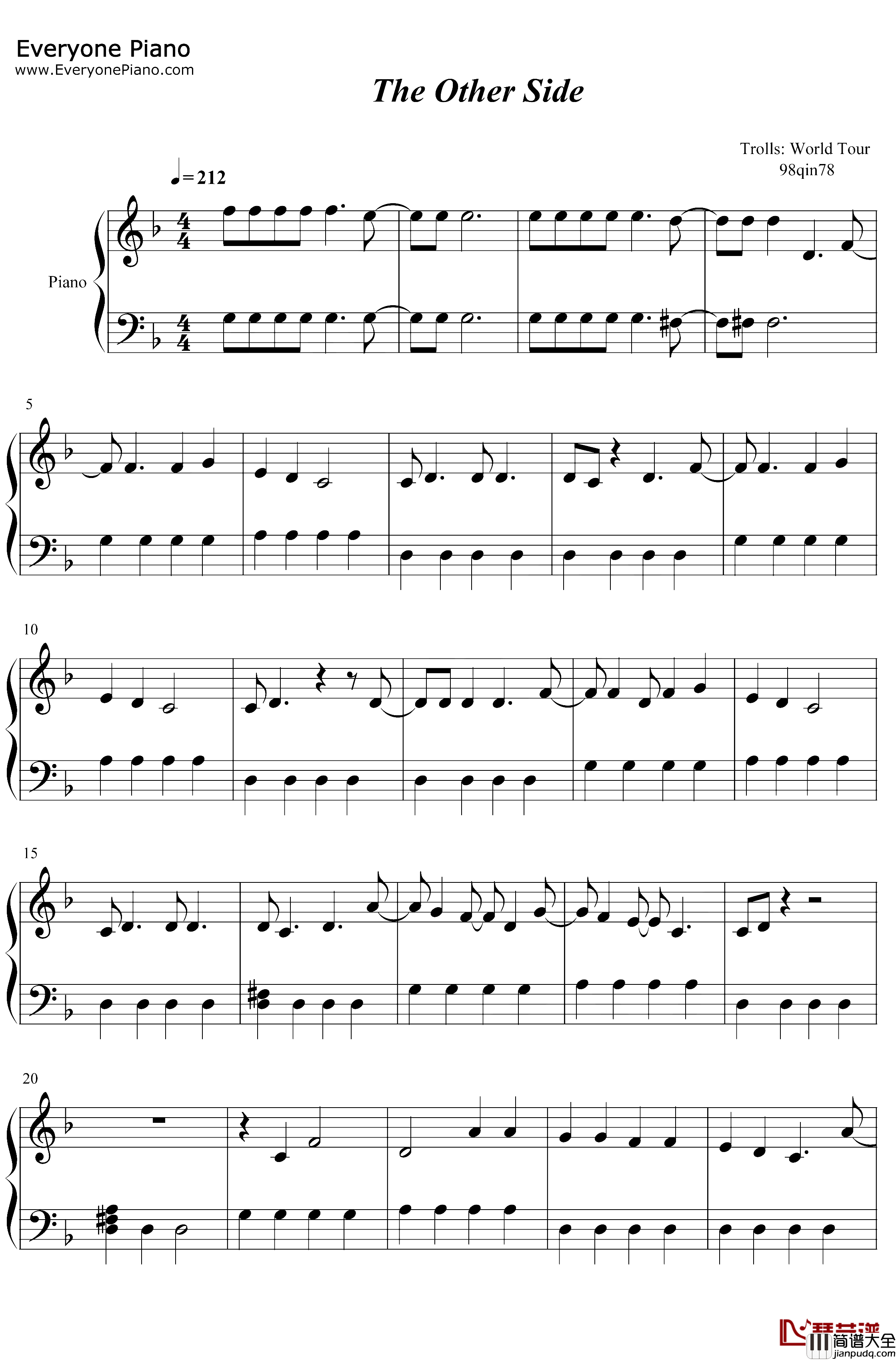 The_Other_Side钢琴谱_SZA_Justin_Timberlake_魔发精灵2世界之旅OST