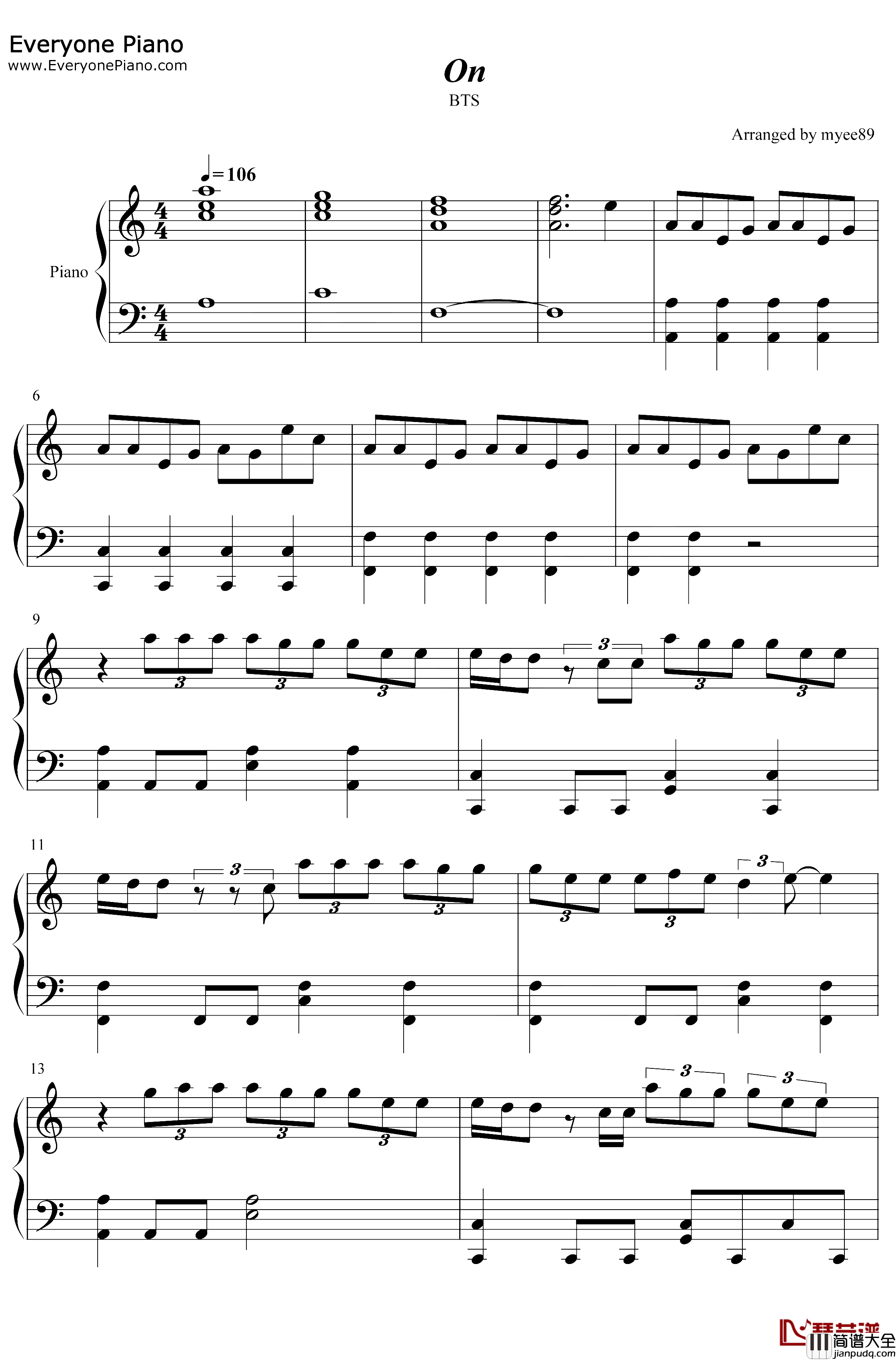 ON钢琴谱_防弹少年团