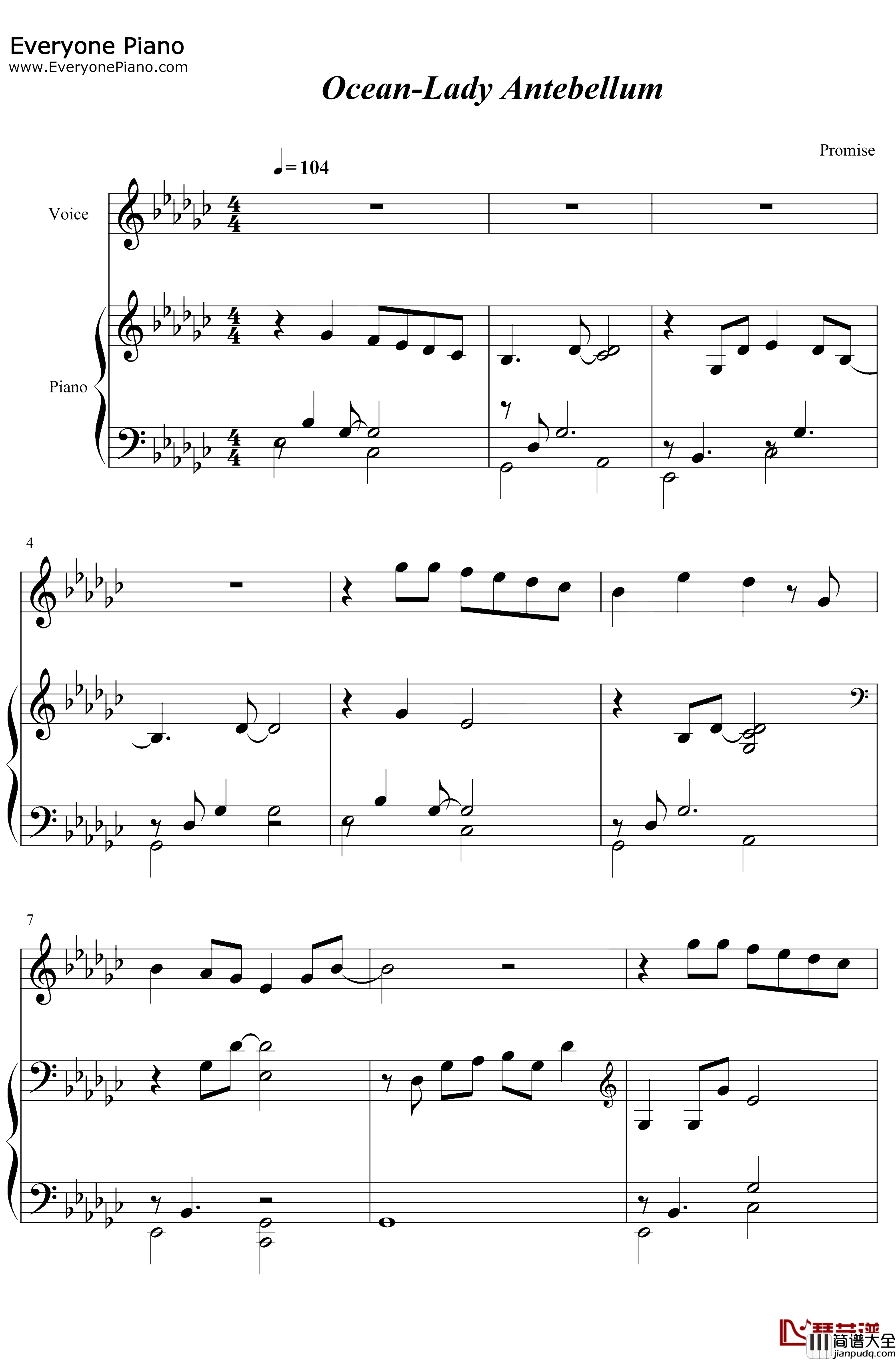 Ocean钢琴谱_Lady_Antebellum