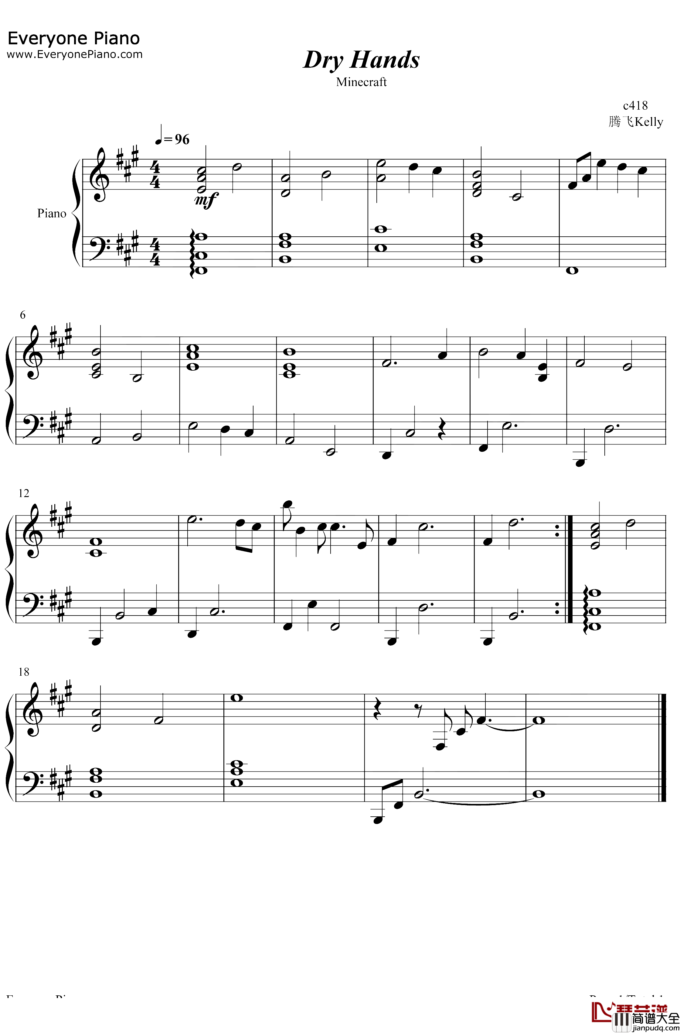 Dry_Hands钢琴谱_C418_Minecraft_我的世界
