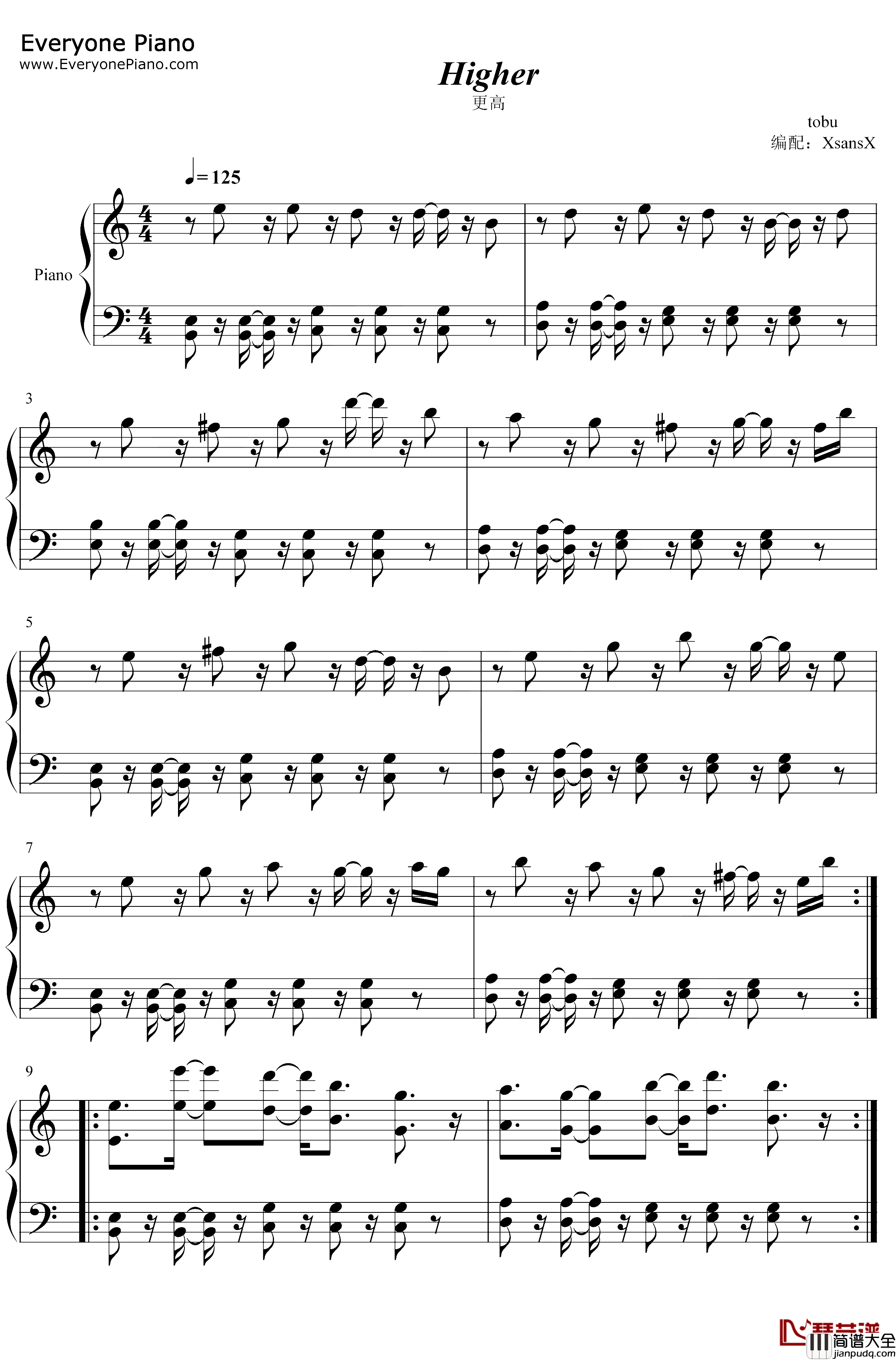 Higher钢琴谱_Tobu