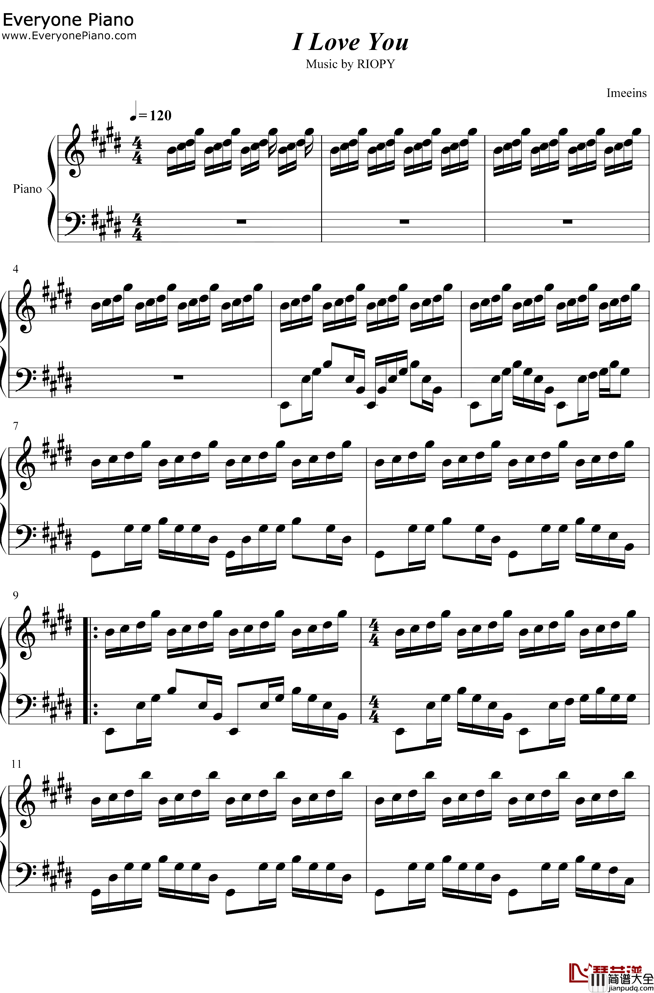 I_Love_You钢琴谱_RIOPY_唯美纯音乐