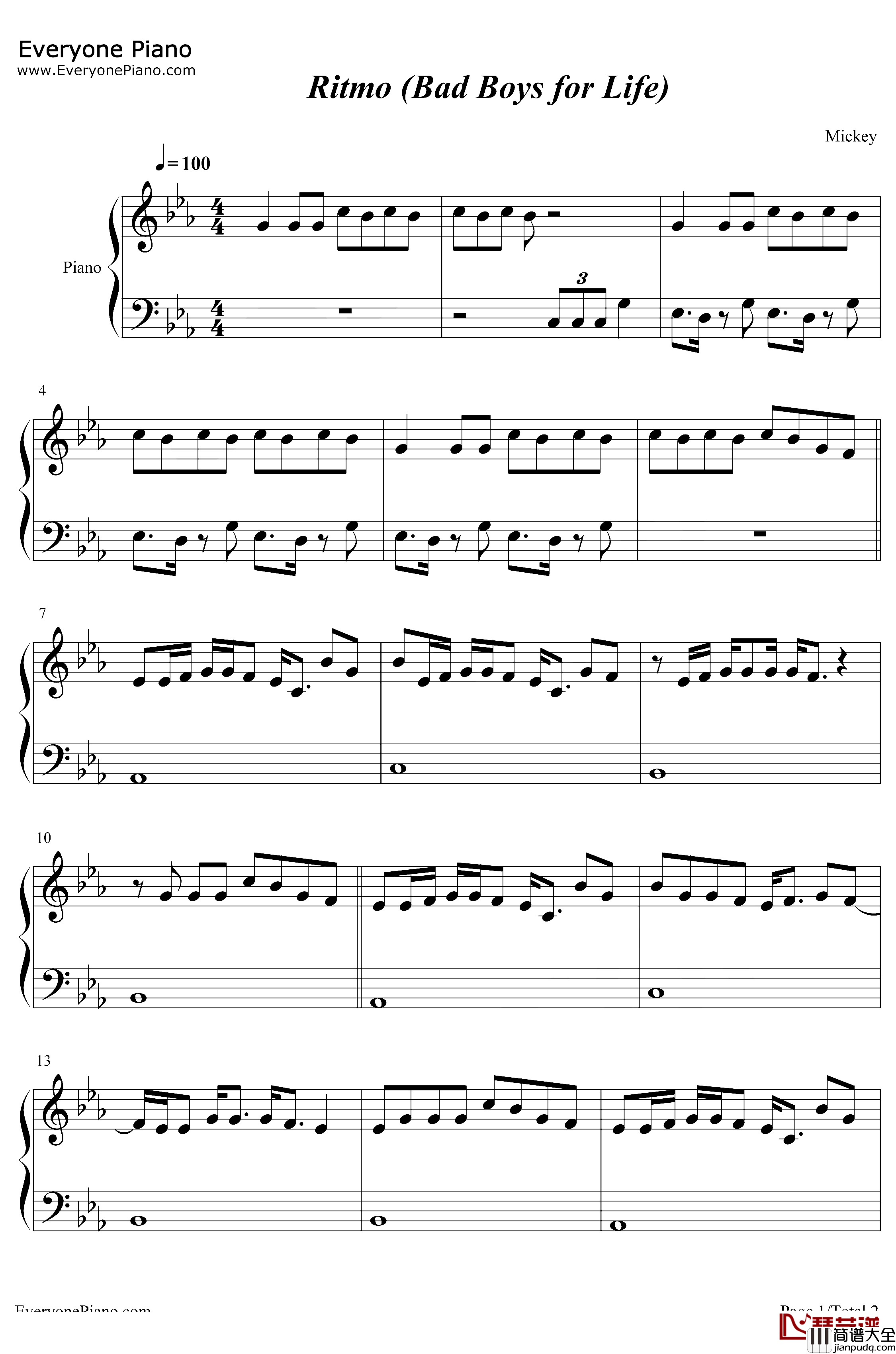 Ritmo_Bad_Boys_for_Life钢琴谱_BlackEyedPeasJBalvin_绝地战警疾速追击OST