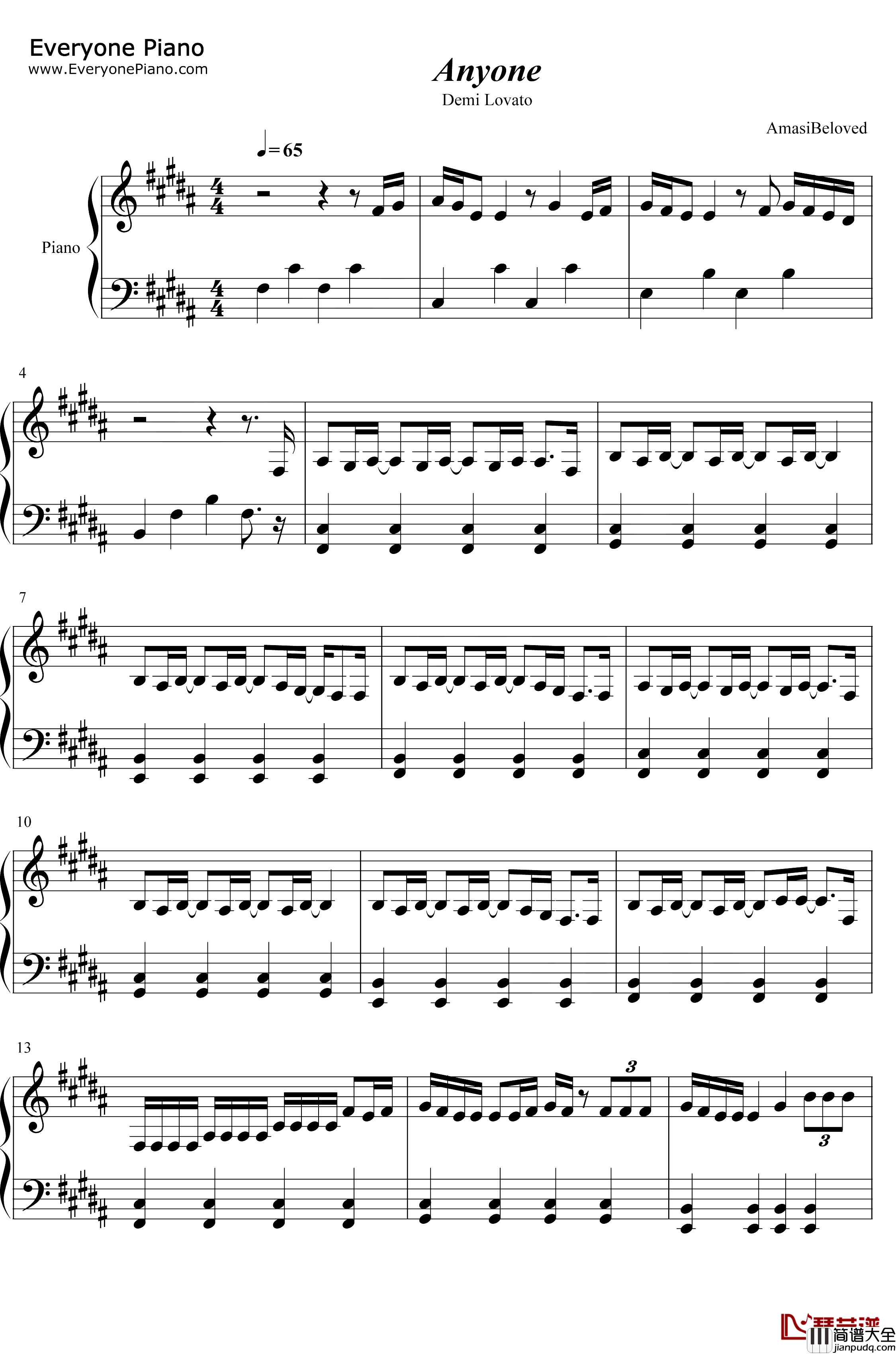 Anyone钢琴谱_Demi_Lovato