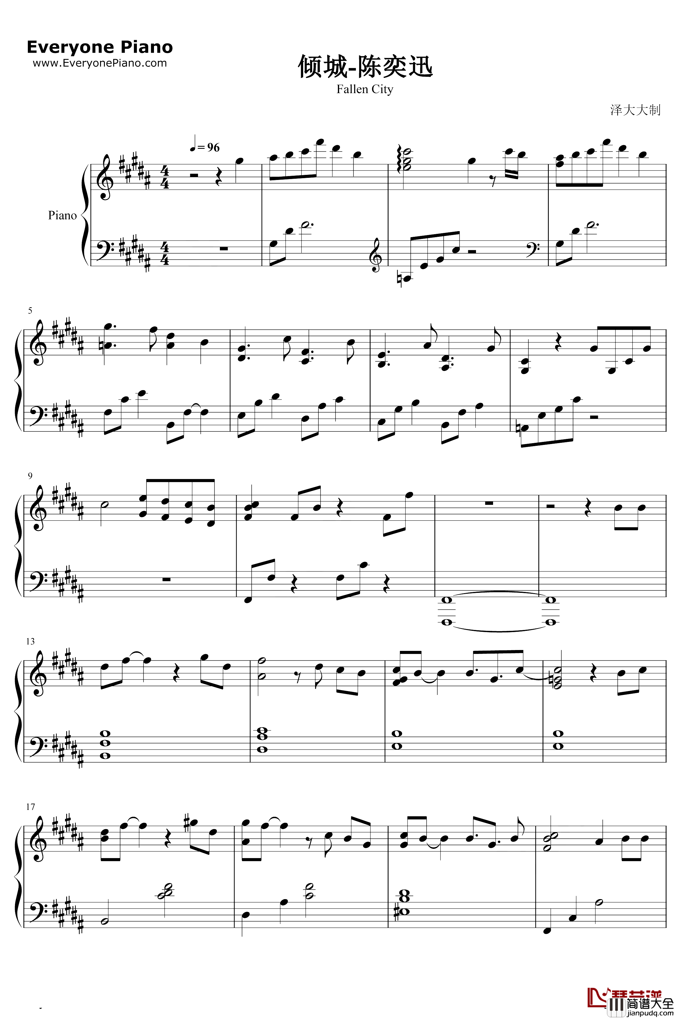 倾城钢琴谱_陈奕迅