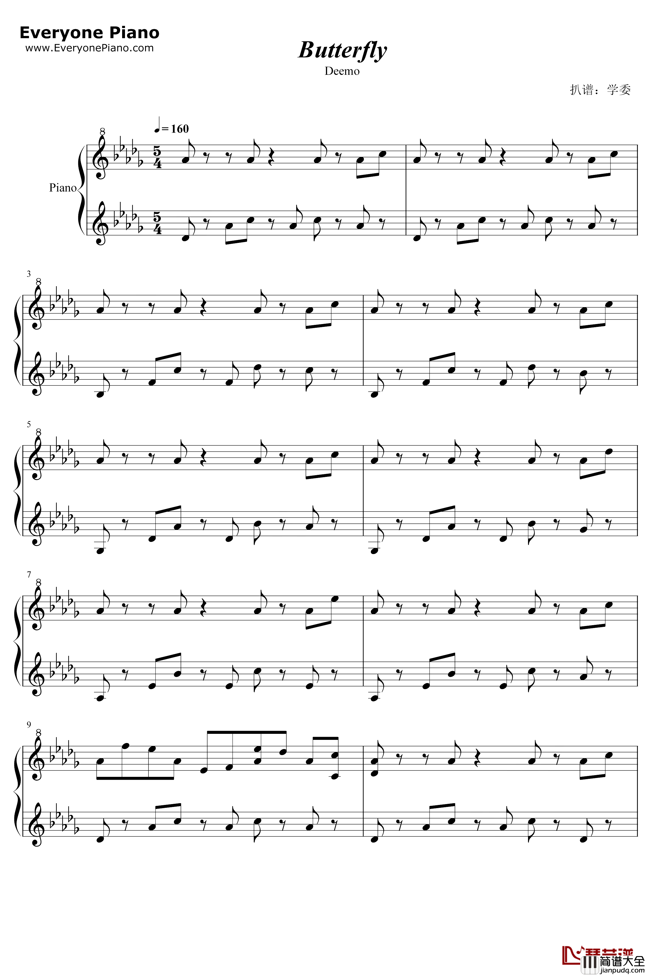 Butterfly钢琴谱_Rayark_Deemo背景音乐