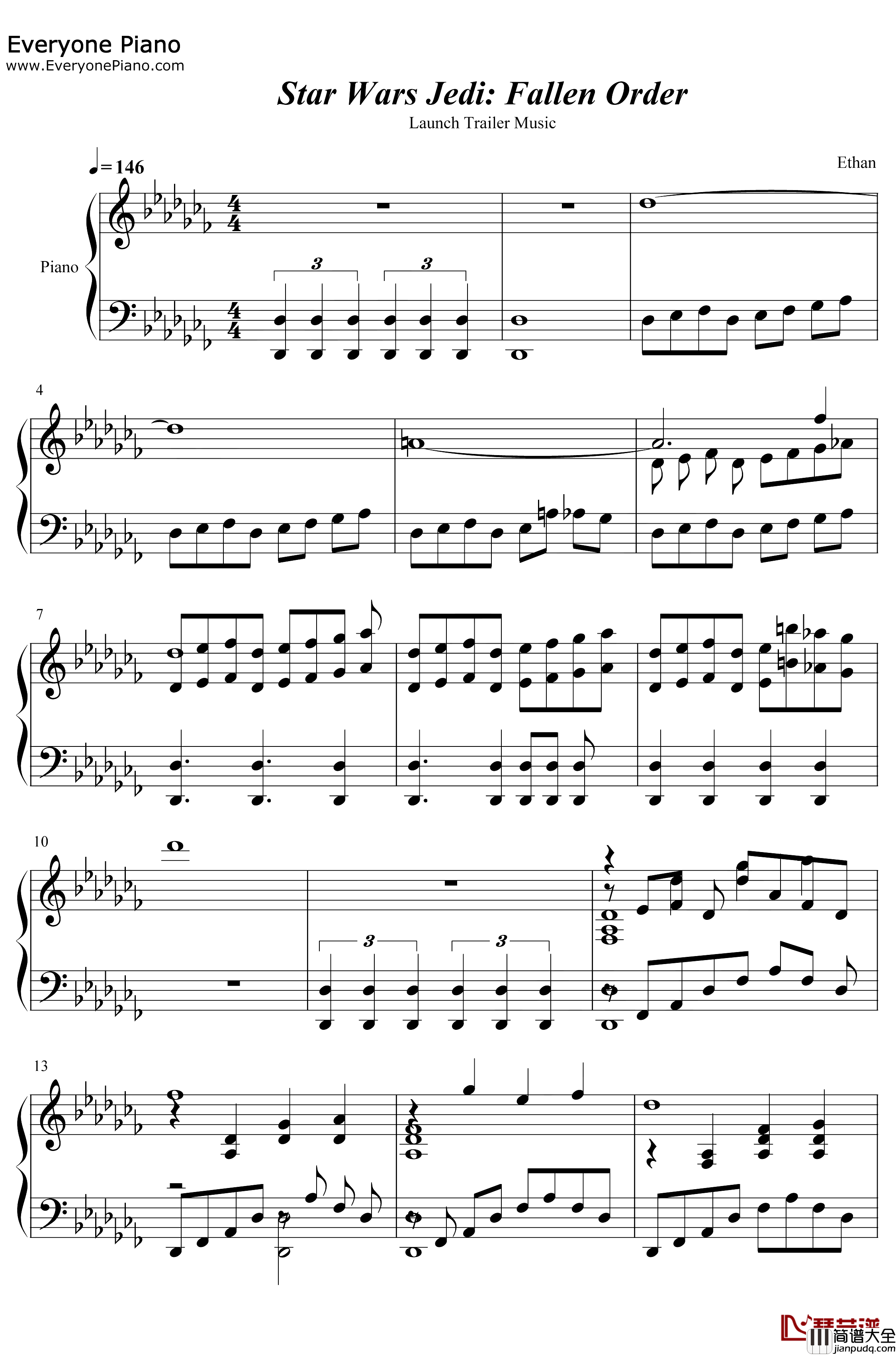 星球大战绝地陨落的武士团钢琴谱_Stephen_Barton_预告音乐