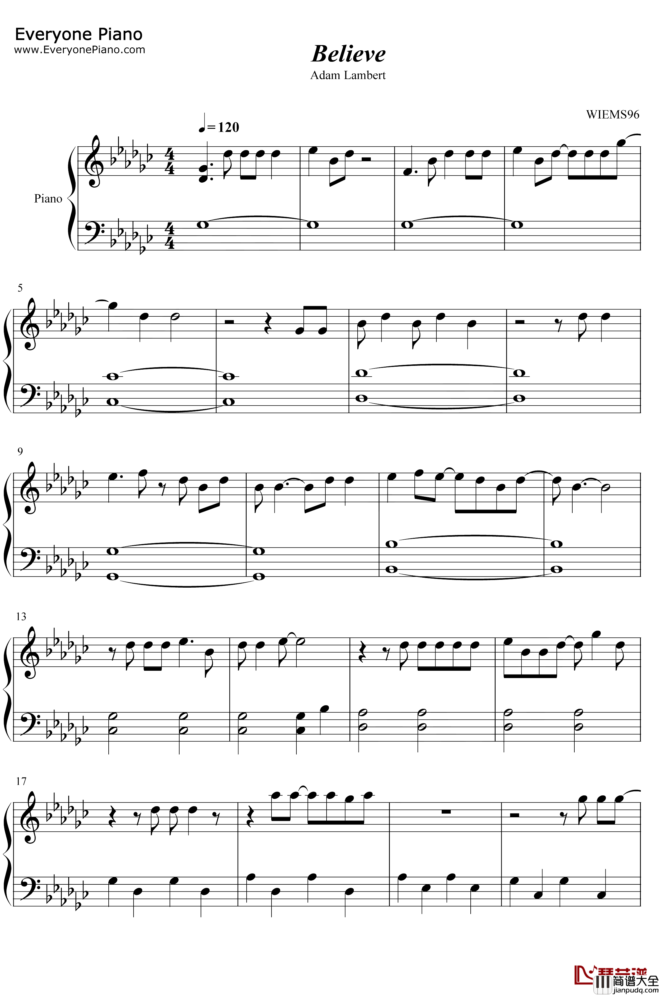 Believe钢琴谱_Adam_Lambert