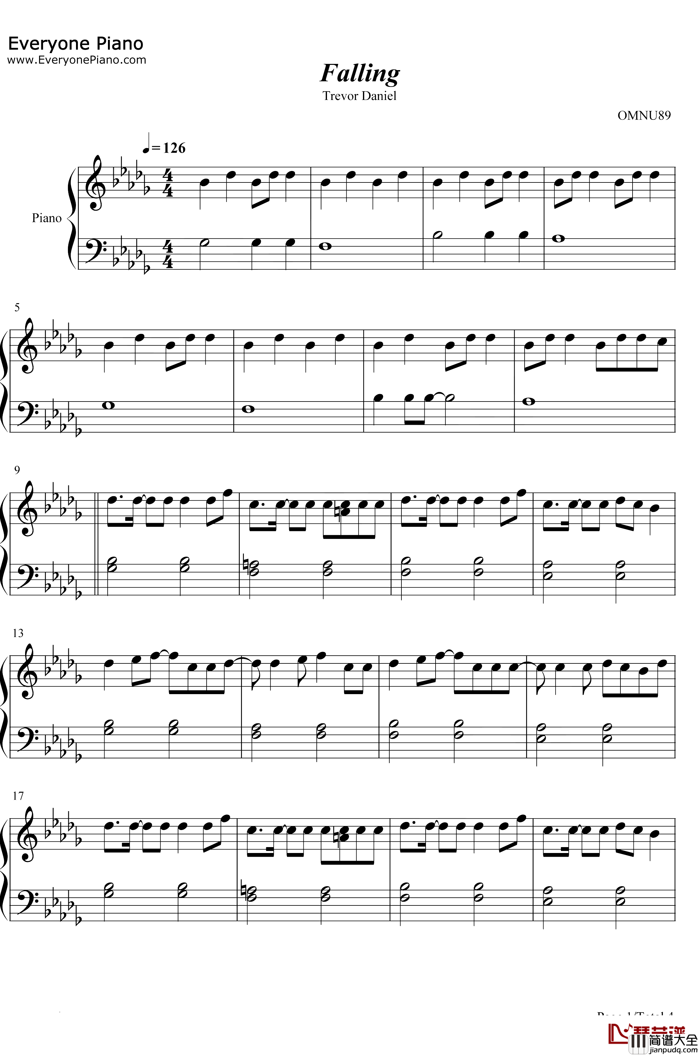 Falling钢琴谱_Trevor_Daniel