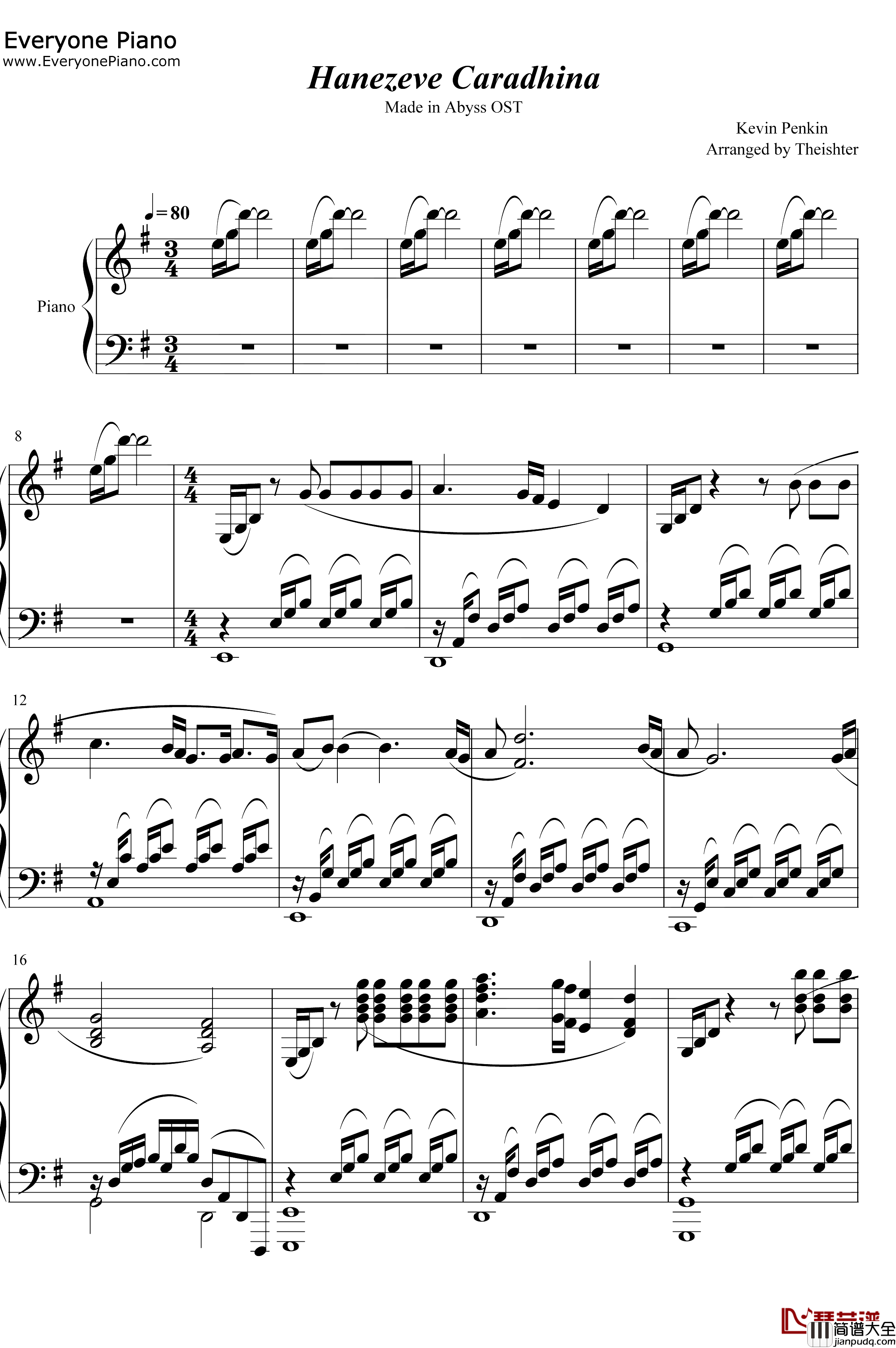 Hanezeve_Caradhina钢琴谱_KevinPenkin_来自深渊OST