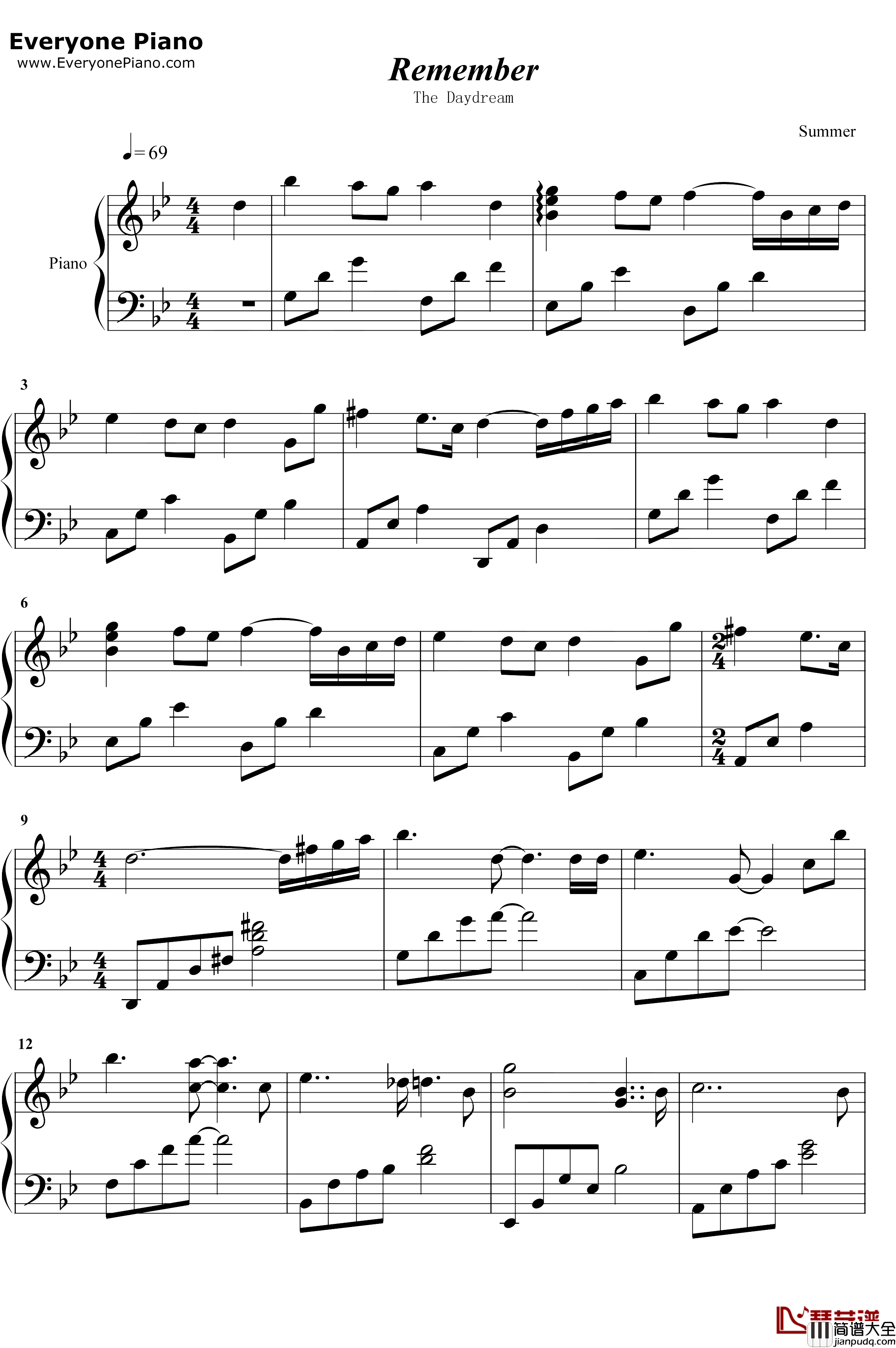 Remember钢琴谱_TheDaydream