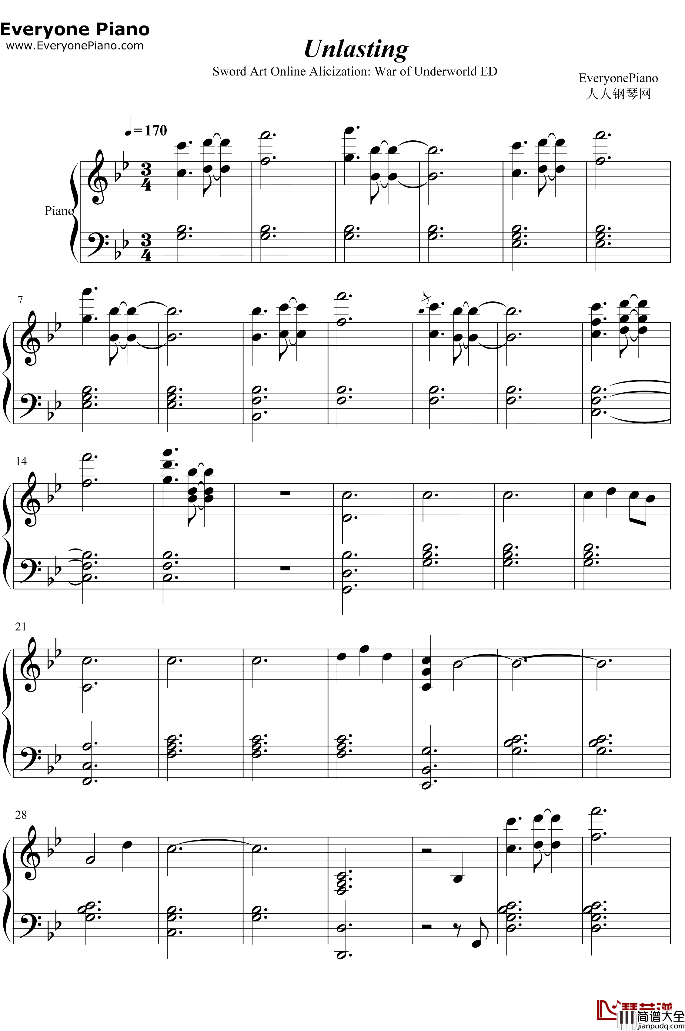 Unlasting钢琴谱_LiSA_刀剑神域AlicizationWarofUnderworldED
