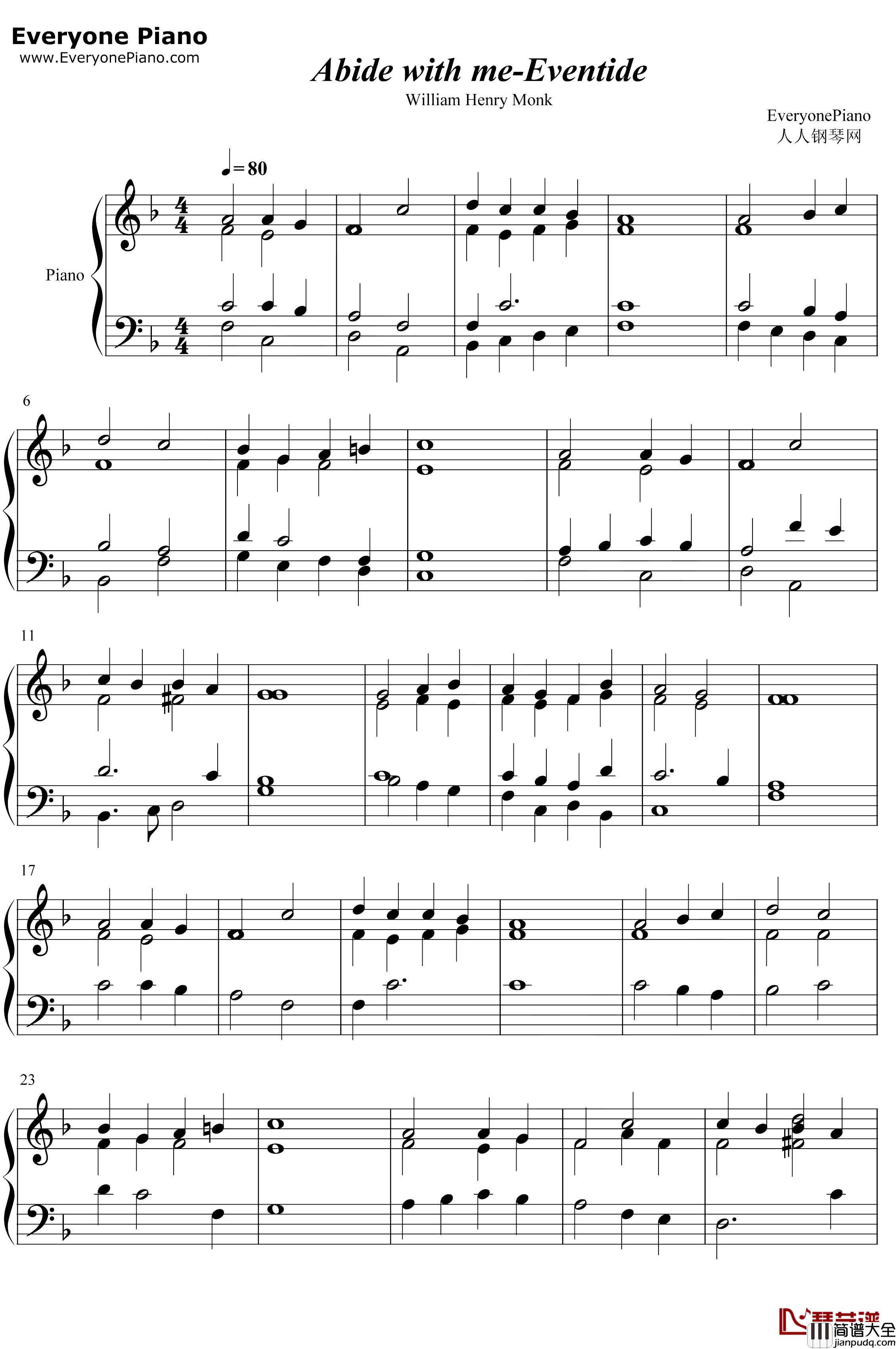 Abide_with_Me钢琴谱_William_Henry_Monk_Eventide_与主同行