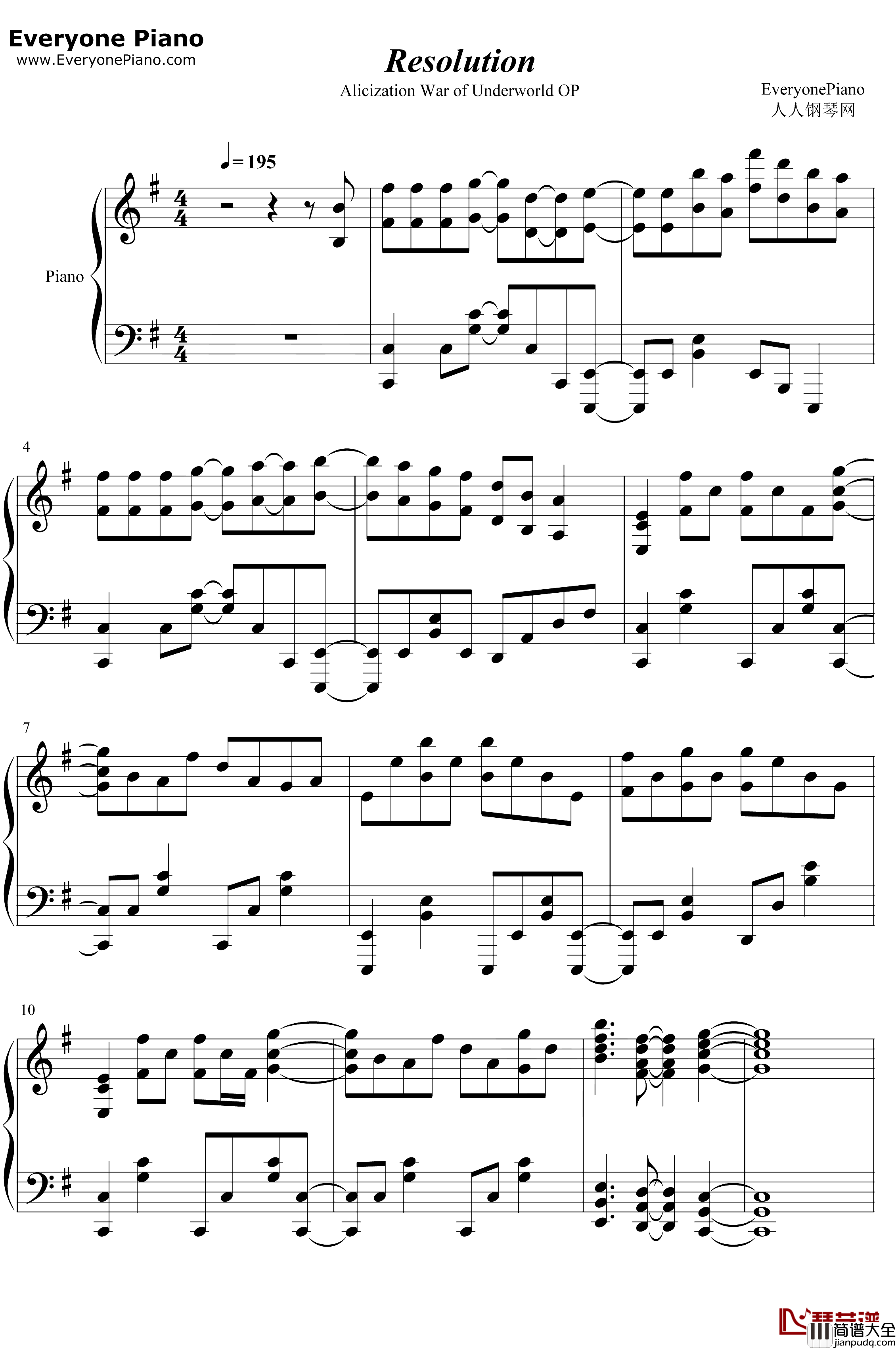 Resolution钢琴谱_戸松遥_刀剑神域Alicization_War_of_Underworld_OP