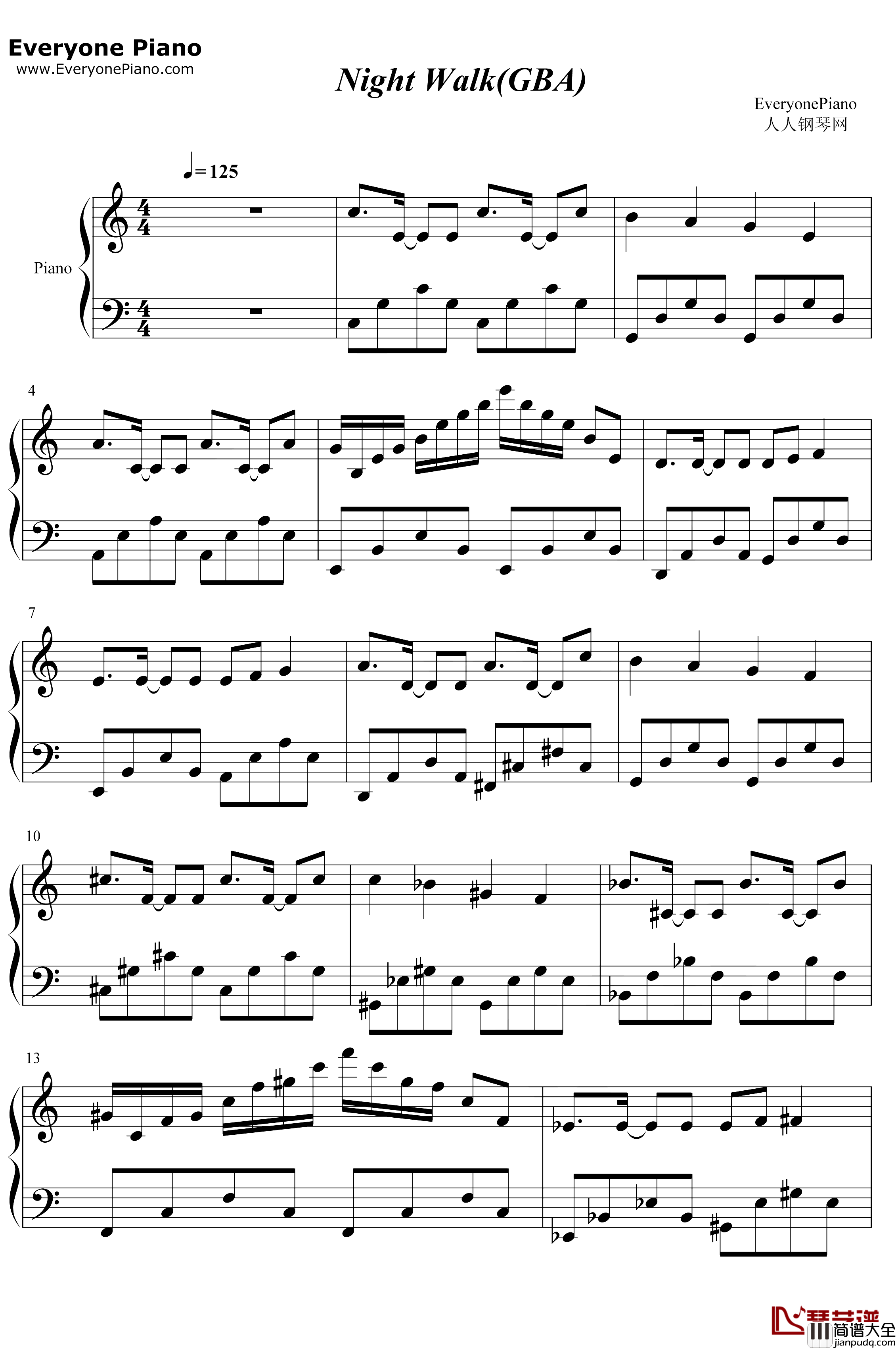 Night_Walk钢琴谱_Tsunku_节奏天国BGM