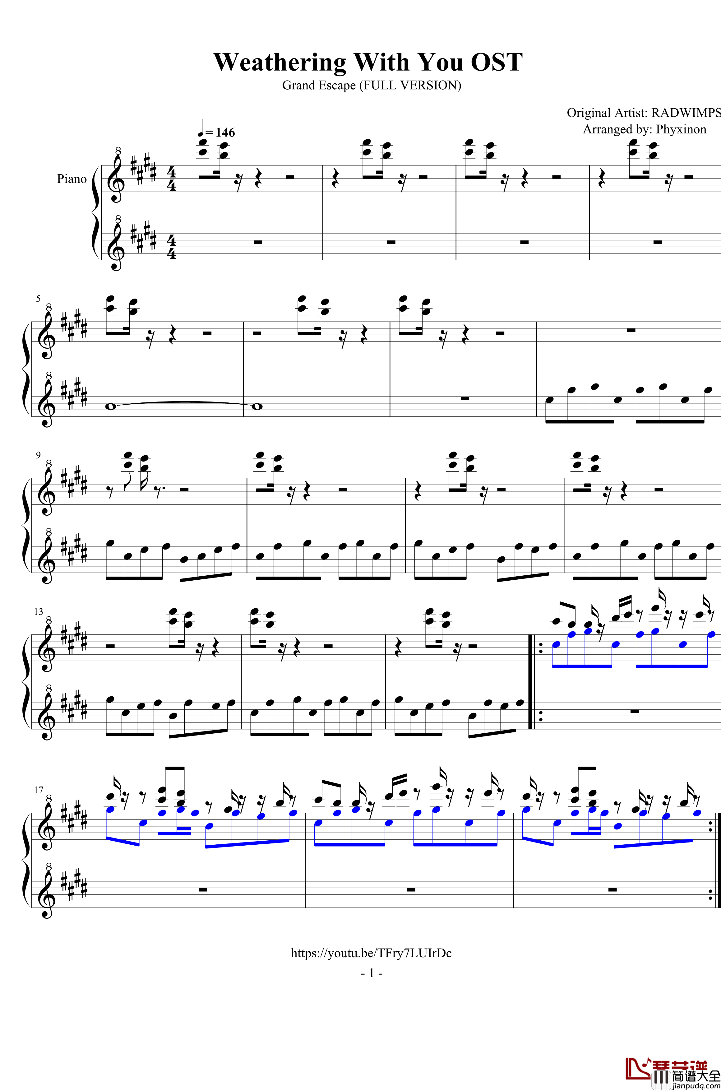 OST___グランドエスケープ钢琴谱_天气之子