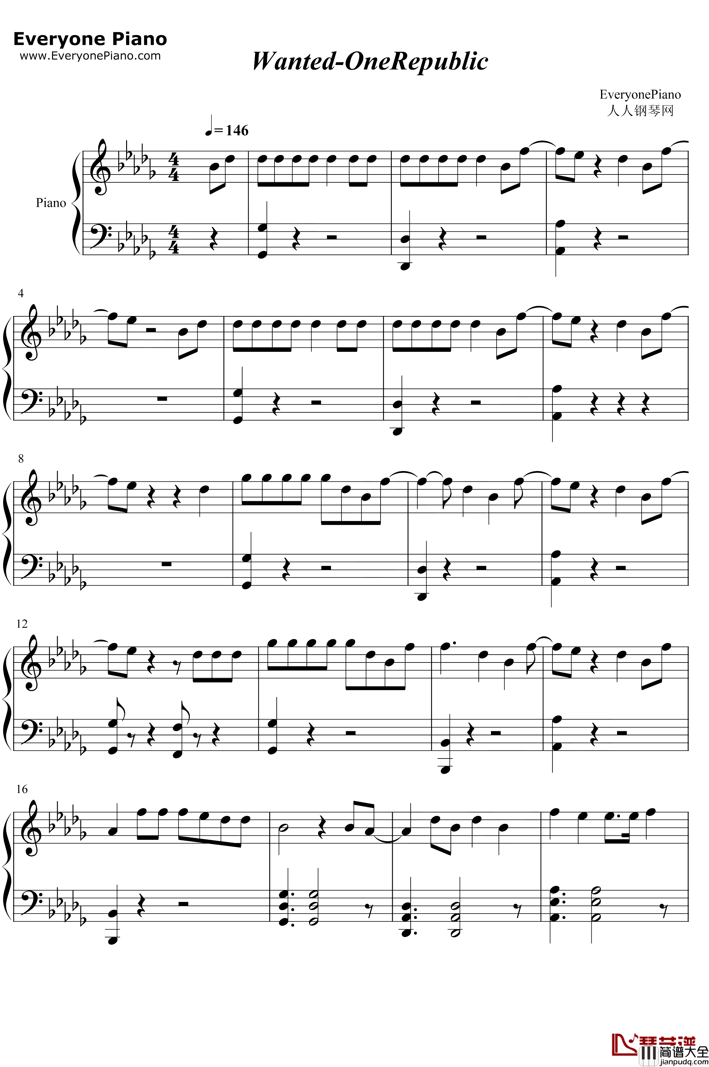 Wanted钢琴谱_OneRepublic