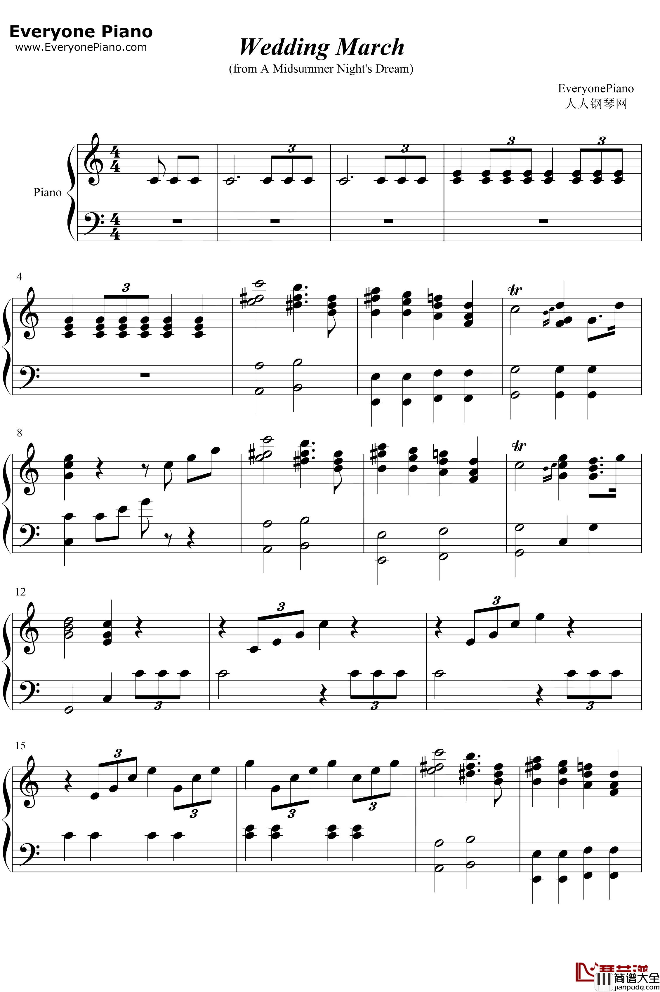 WeddingMarch钢琴谱_门德尔松_婚礼进行曲_仲夏夜之梦第五幕前奏曲