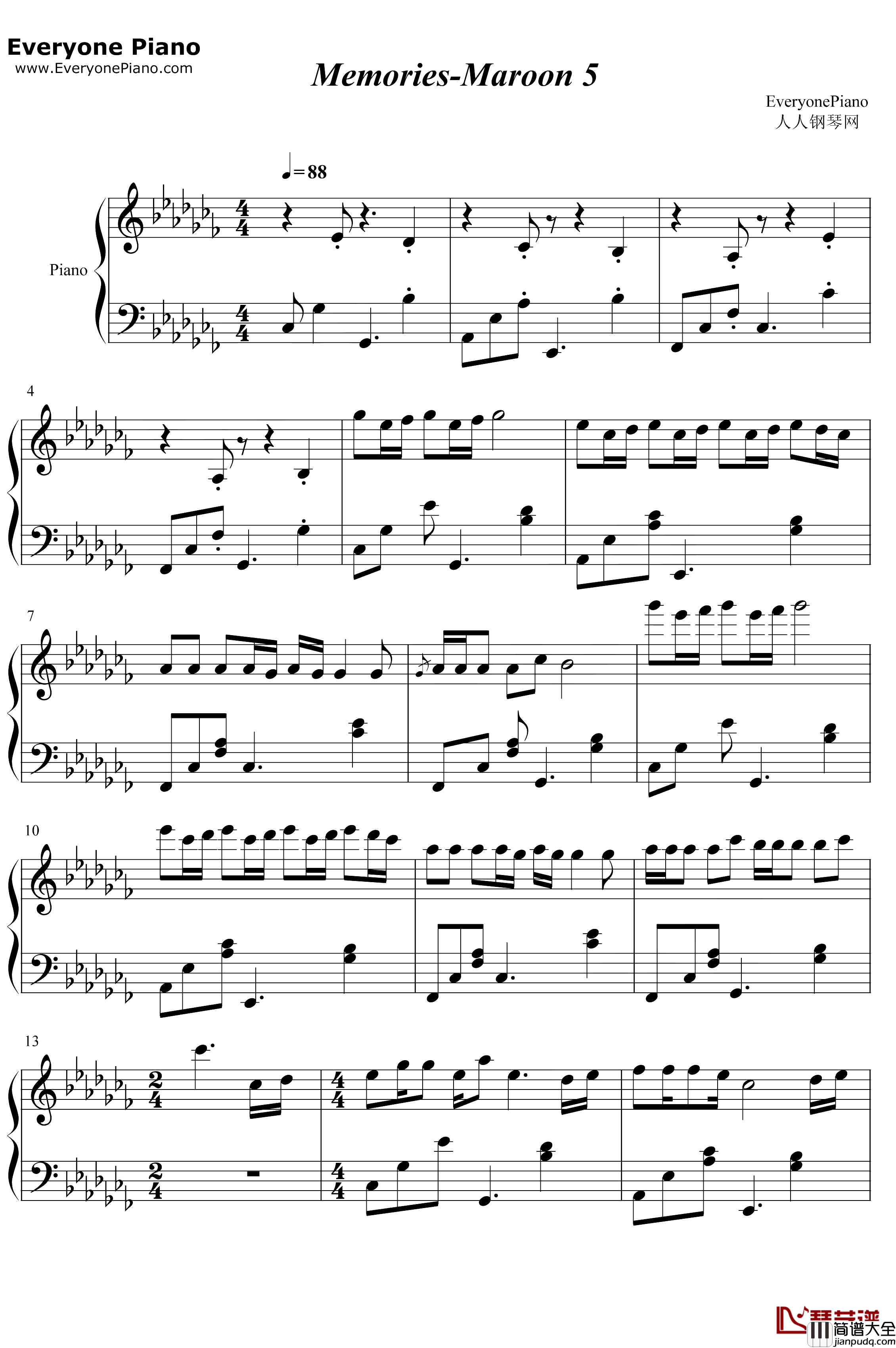 Memories钢琴谱_Maroon5_Maroon5