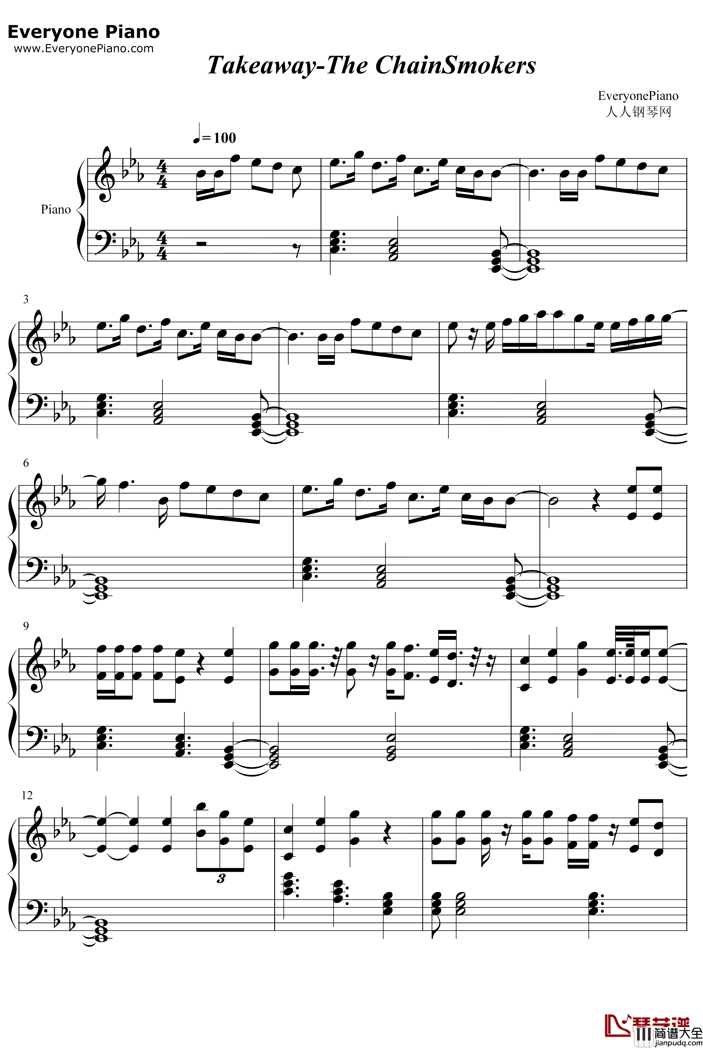Takeaway钢琴谱_The_ChainsmokersIlleniumLennonStella_Takeaway