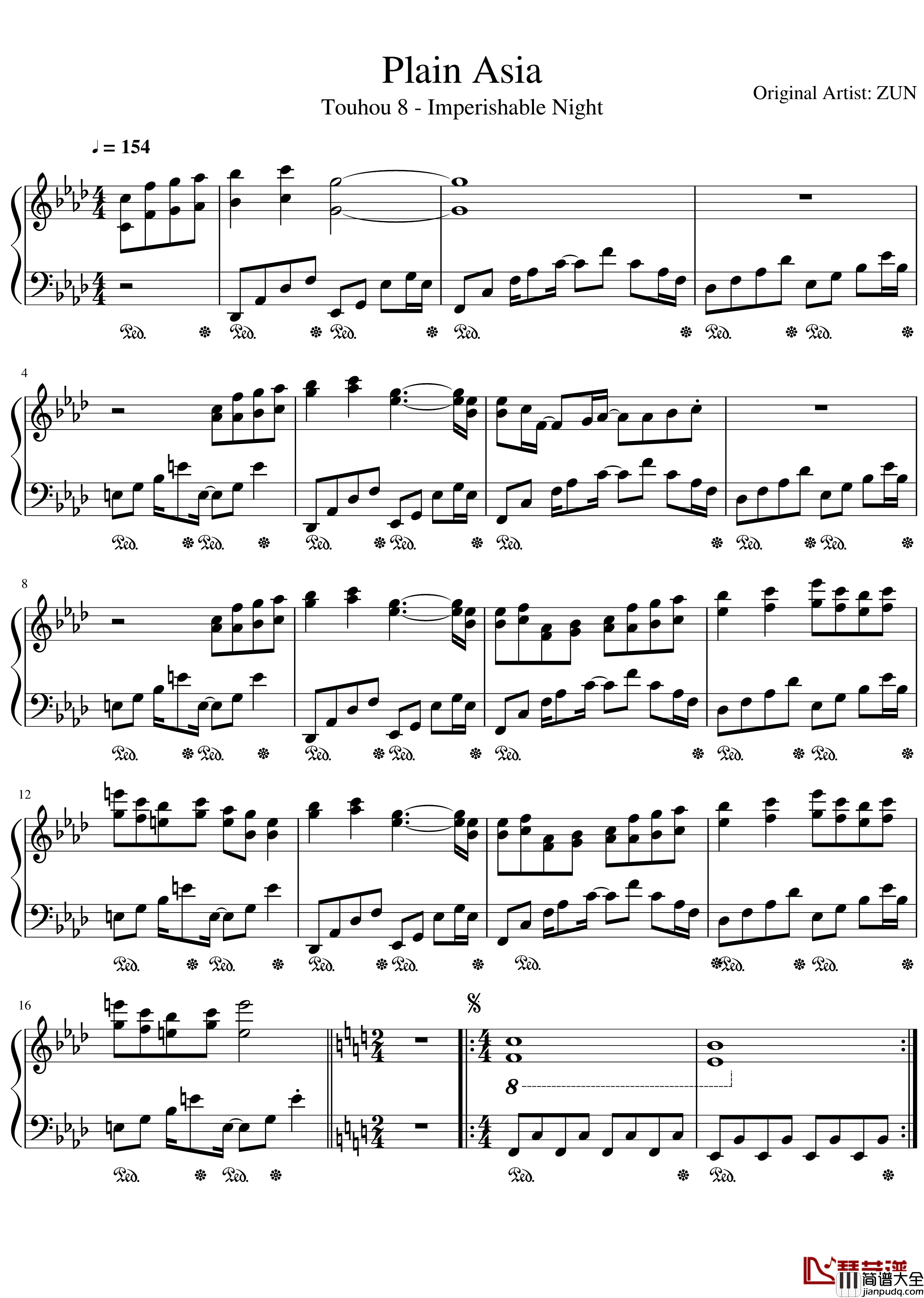 Plain_Asia钢琴谱_东方永夜抄_东方project