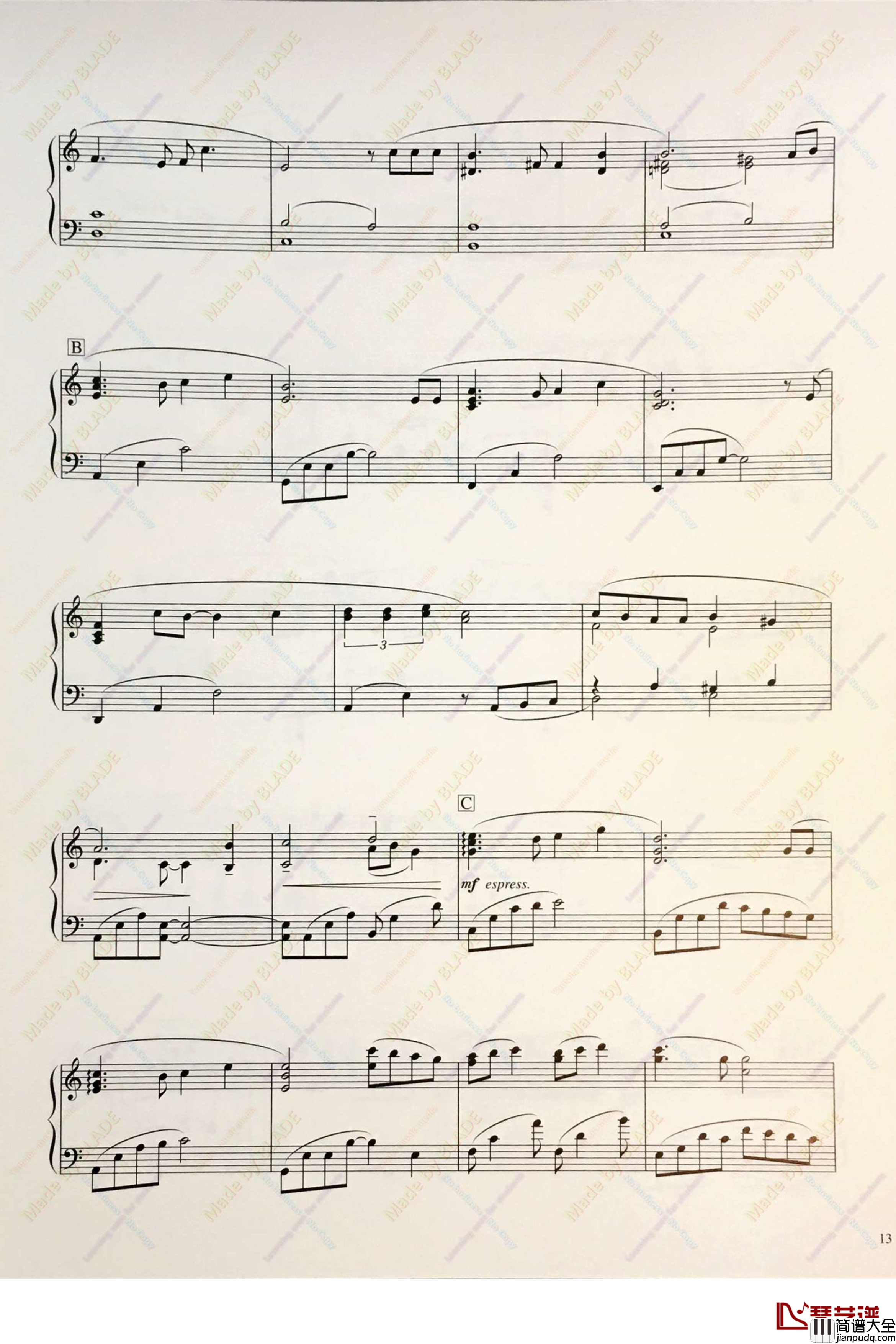 天空之城钢琴谱_轻快活泼_久石让