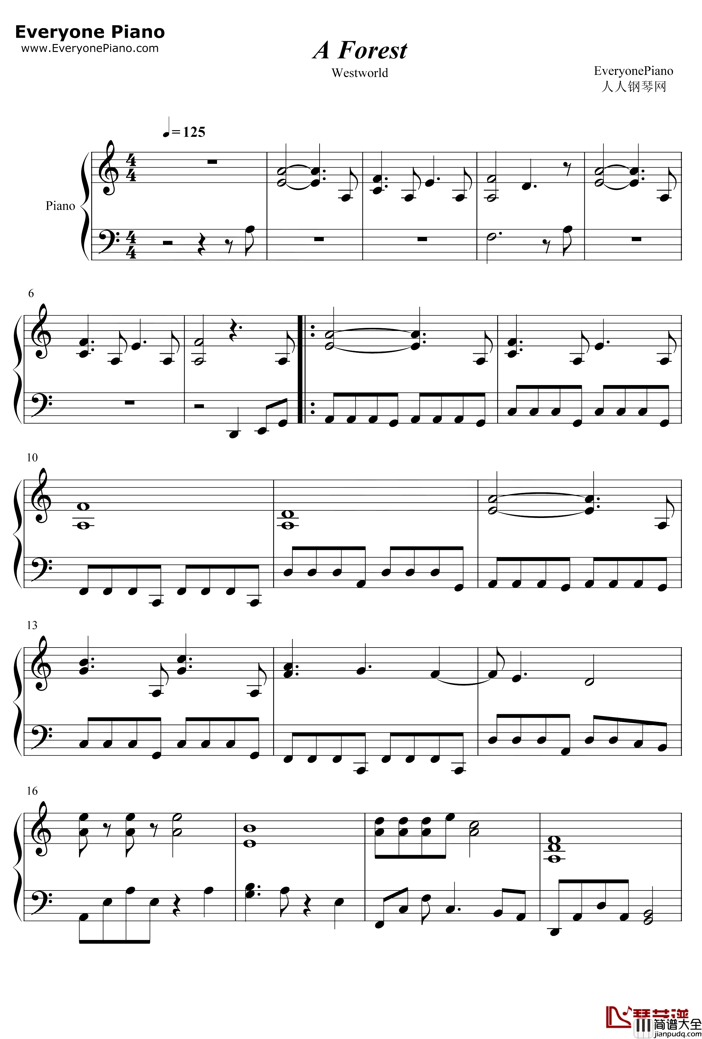 A_Forest钢琴谱_RaminDjawadi_西部世界OST