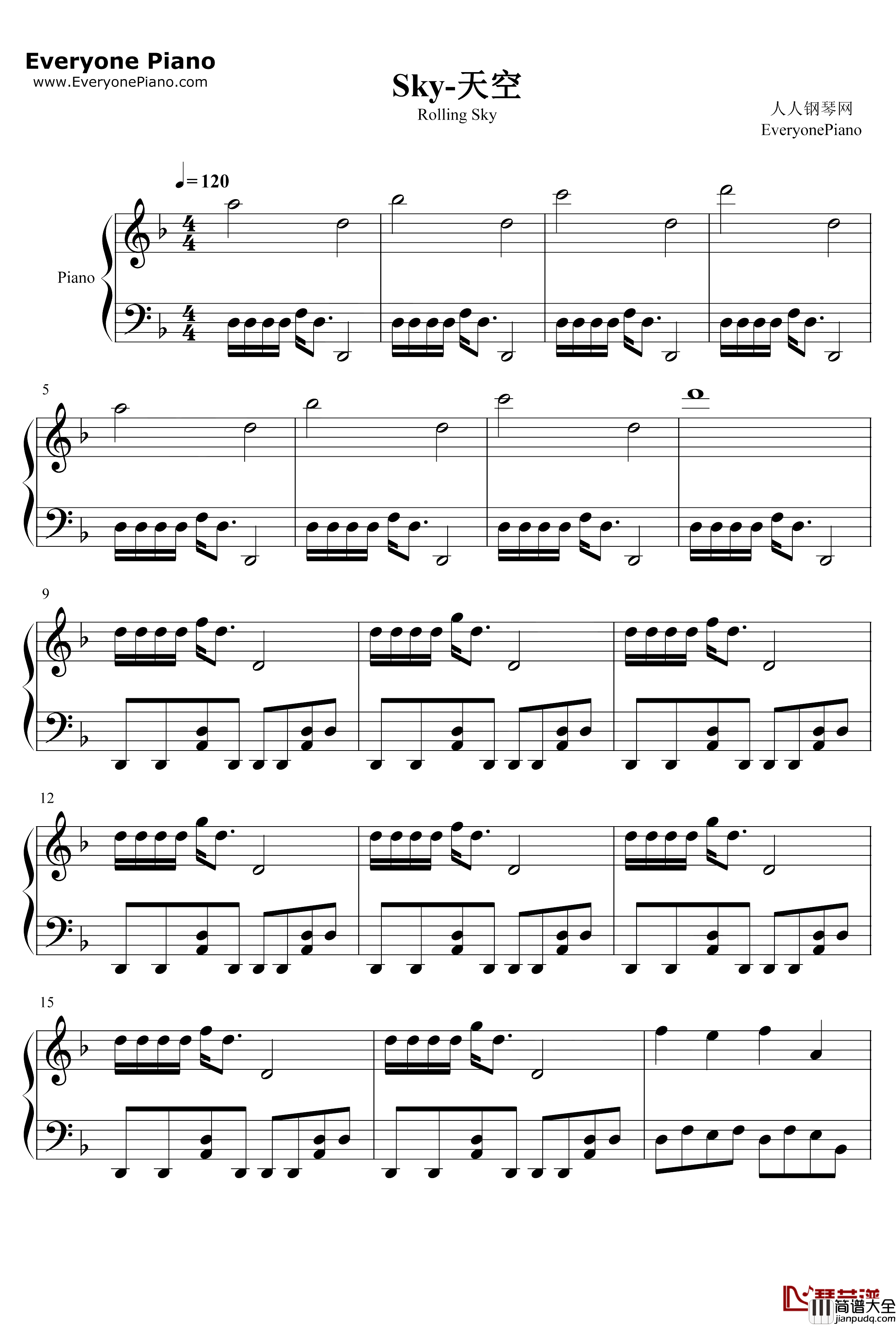Sky钢琴谱_猎豹移动公司_天空_滚动的天空