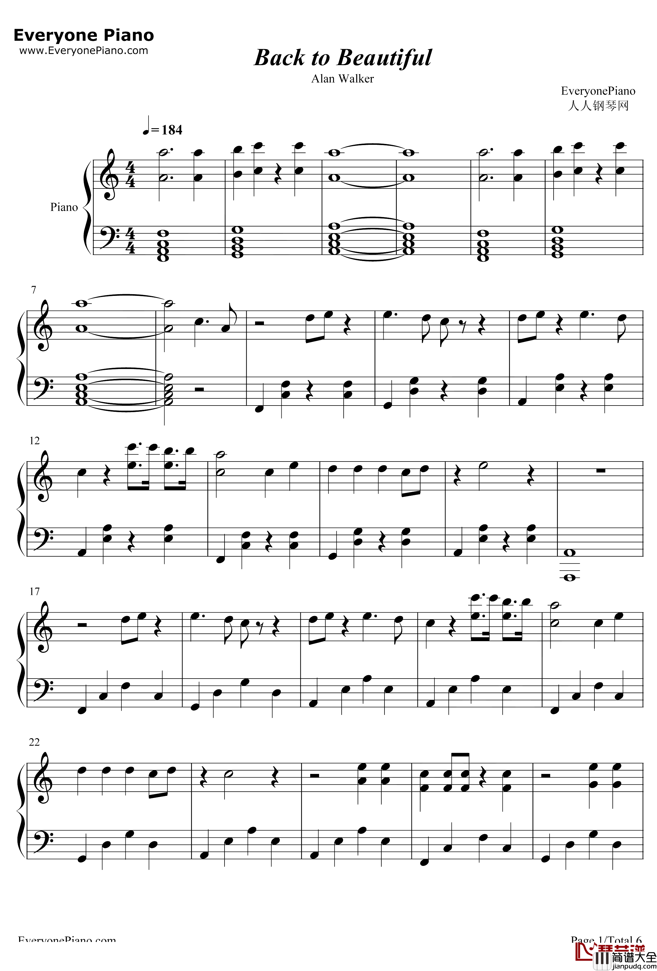 Back_to_Beautiful钢琴谱_SofiaCarsonAlanWalker
