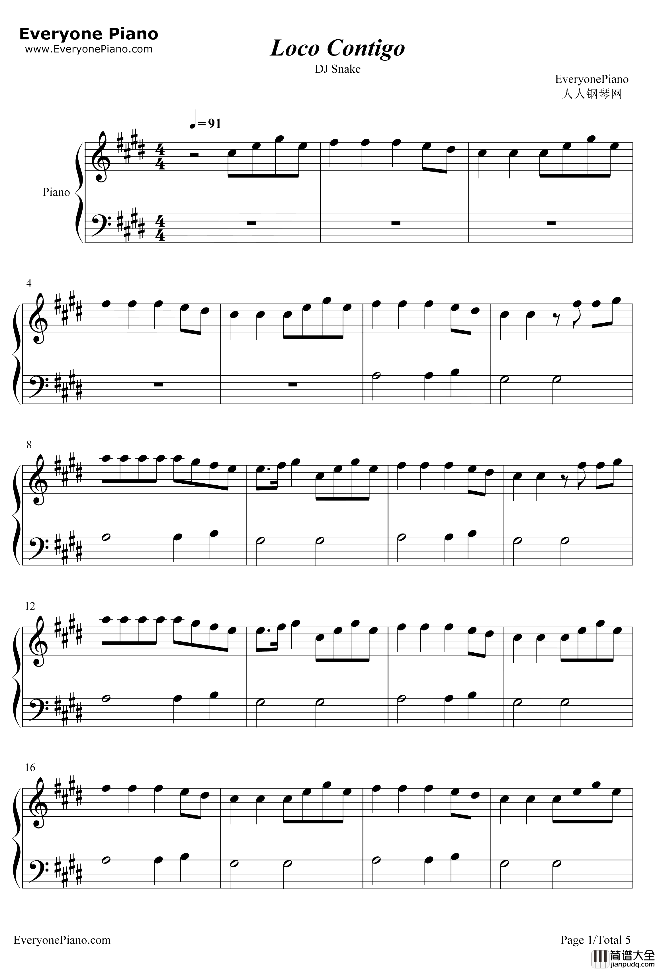 Loco_Contigo钢琴谱_DJSnakeJBalvinTyga_CrazyforYou