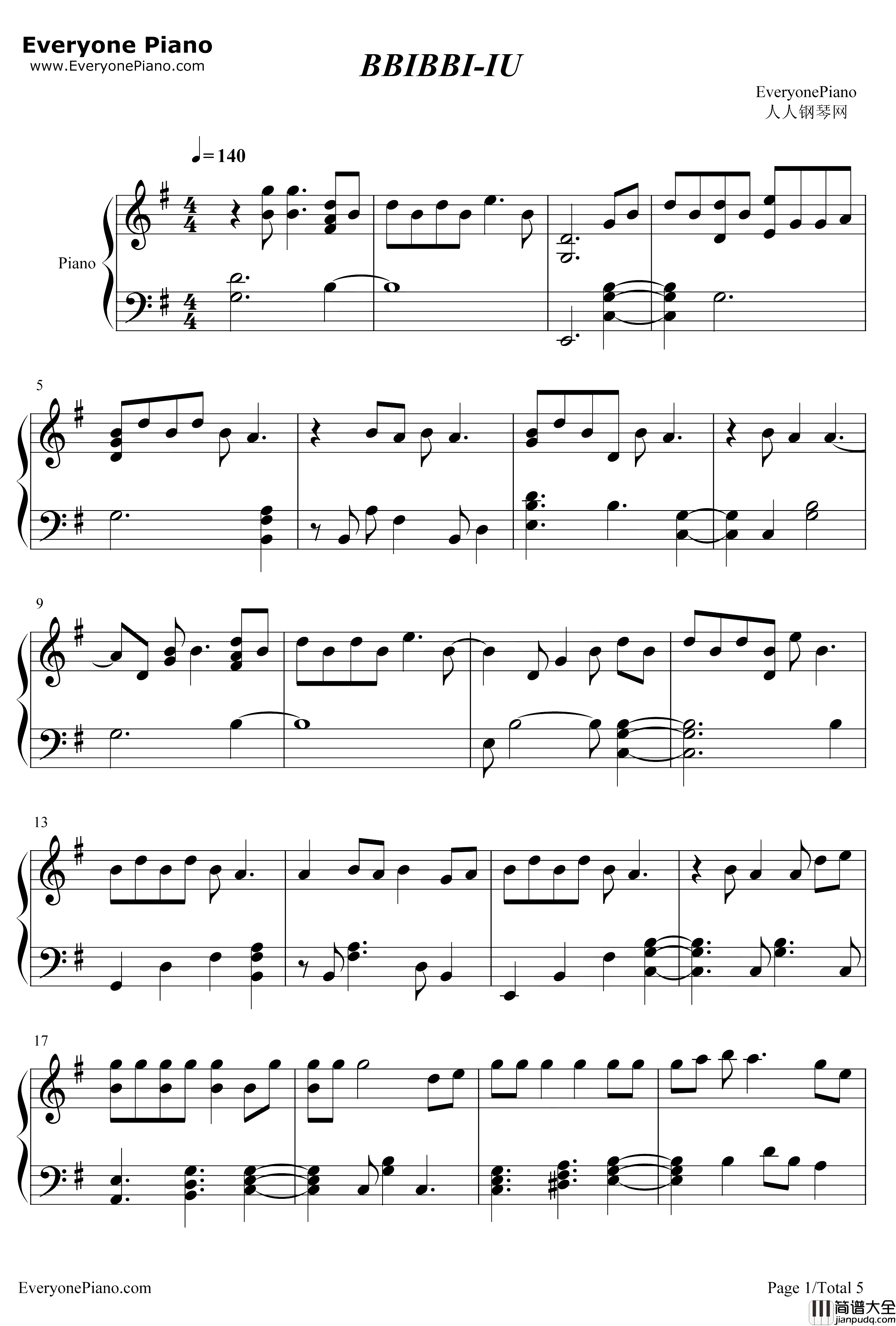BBIBBI钢琴谱_IU李知恩_IU_李知恩