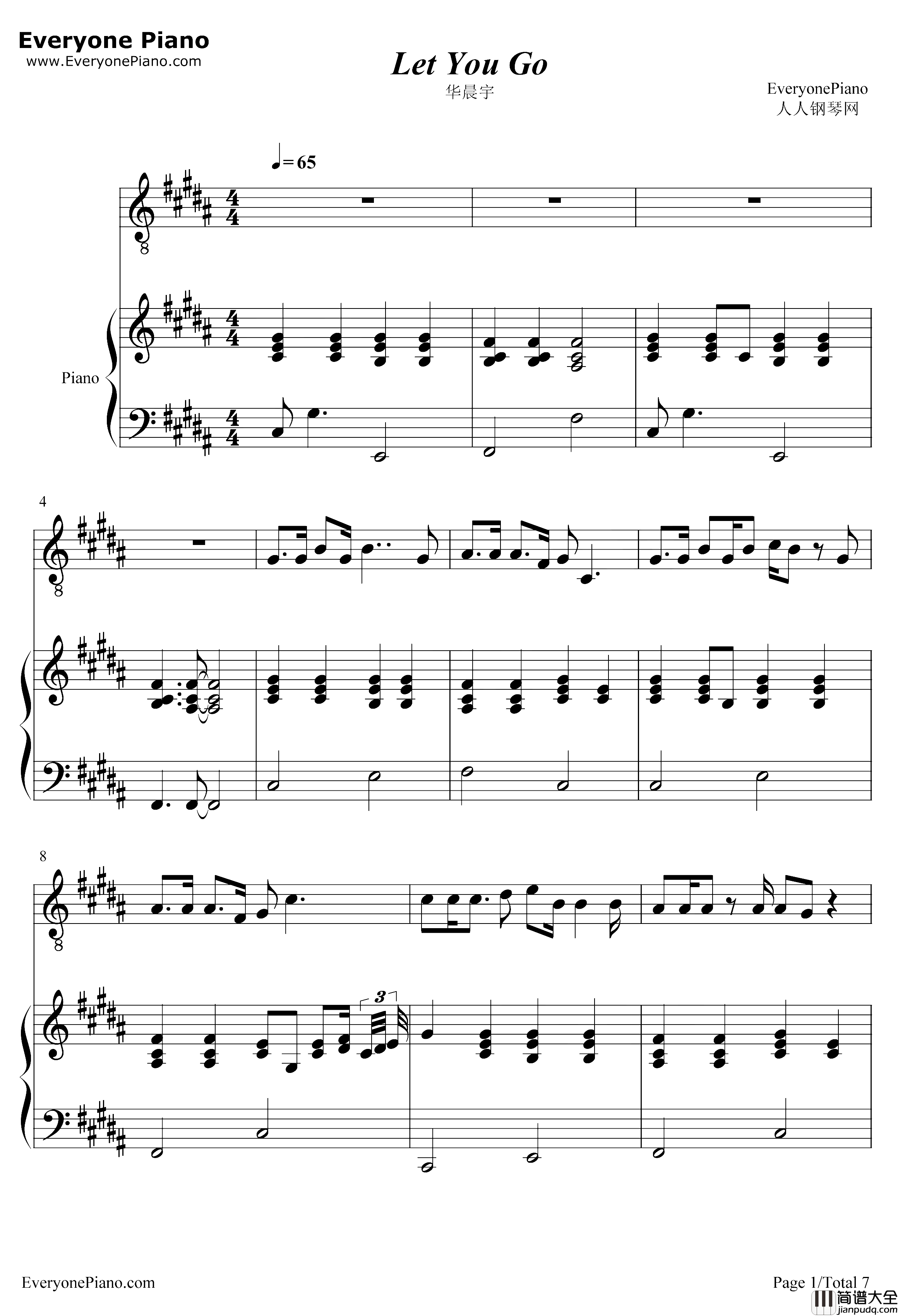 LetYouGo钢琴谱_华晨宇